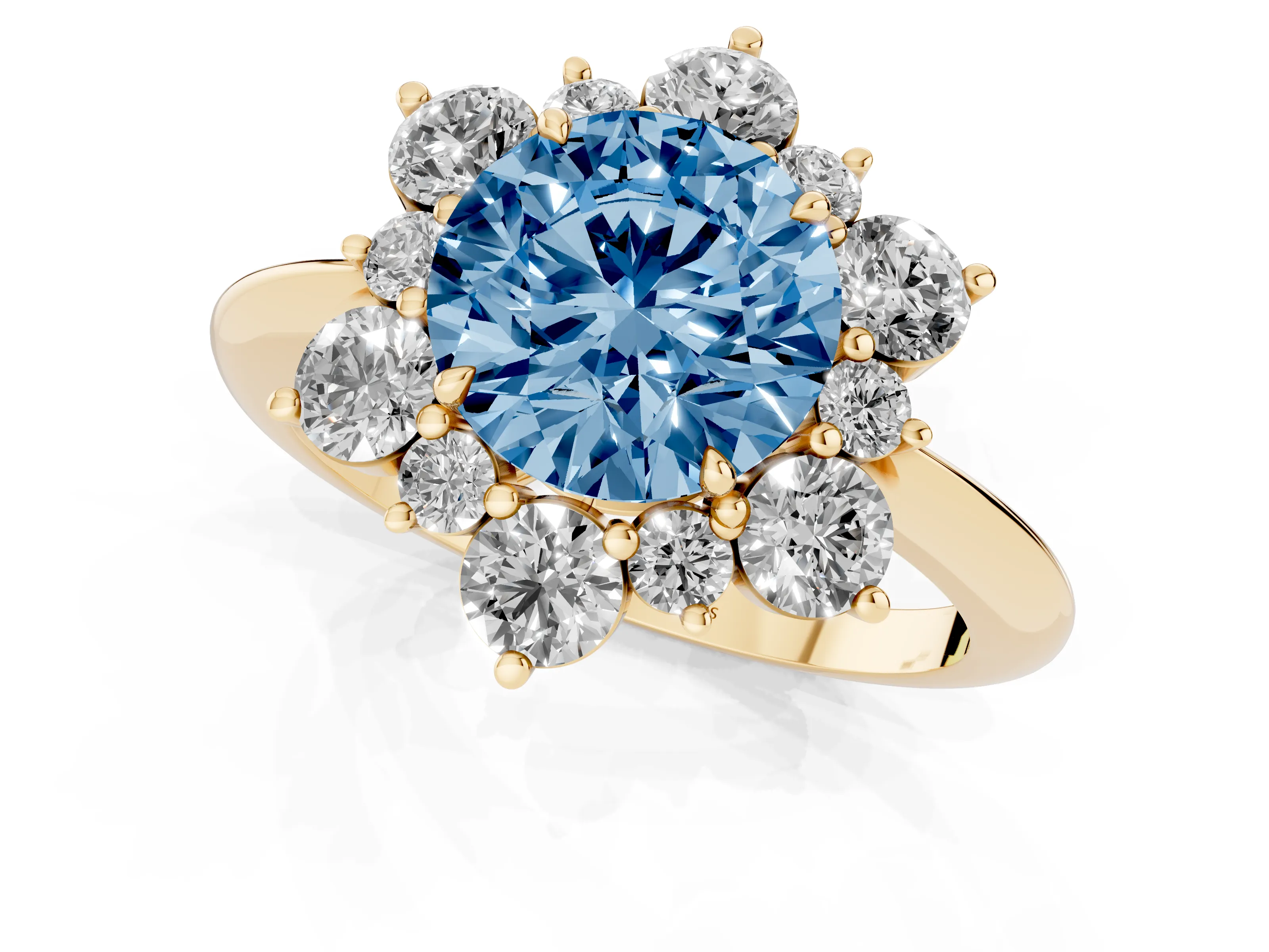 Fancy Blue Round Cut Diamond Cluster Halo Ring Set in Yellow gold with Solitaire Band and Prong Setting