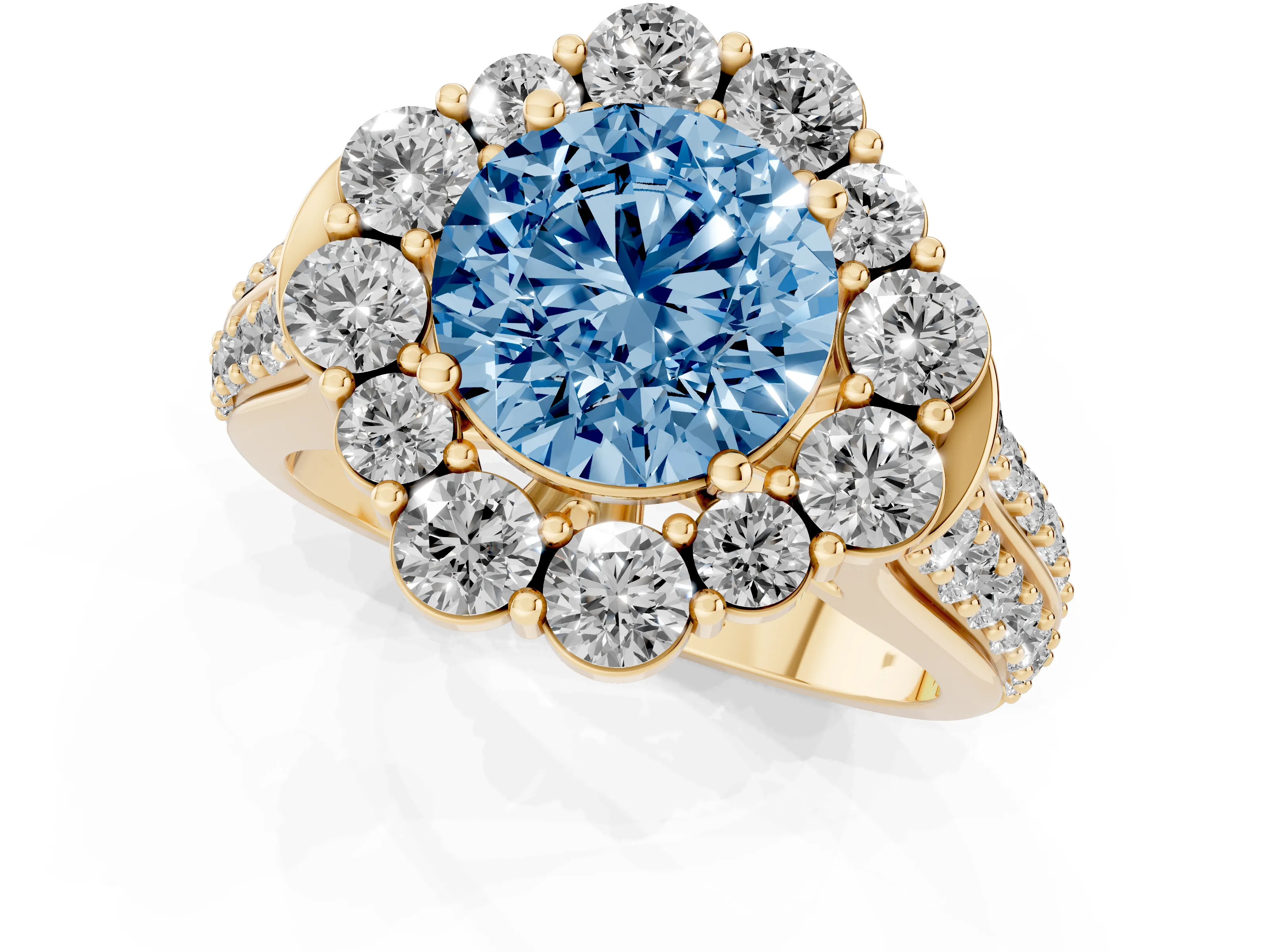 Fancy Blue Round Cut Diamond Halo Engagement Ring Set in Yellow gold with Split Shank and Prong Setting