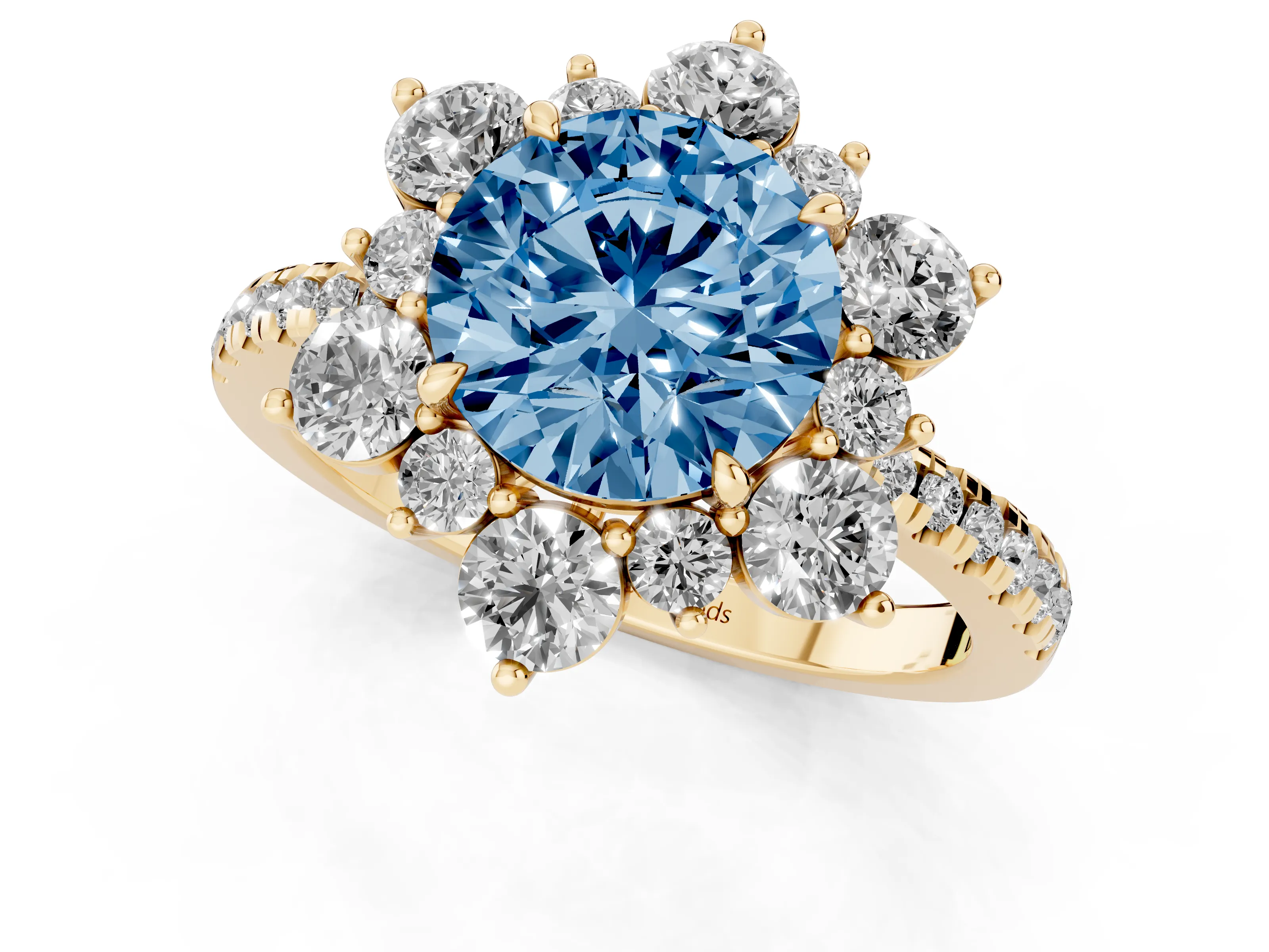 Fancy Blue Round Cut Diamond Floral Halo Ring Set in Yellow gold with Round Pavé Band and Prong Setting