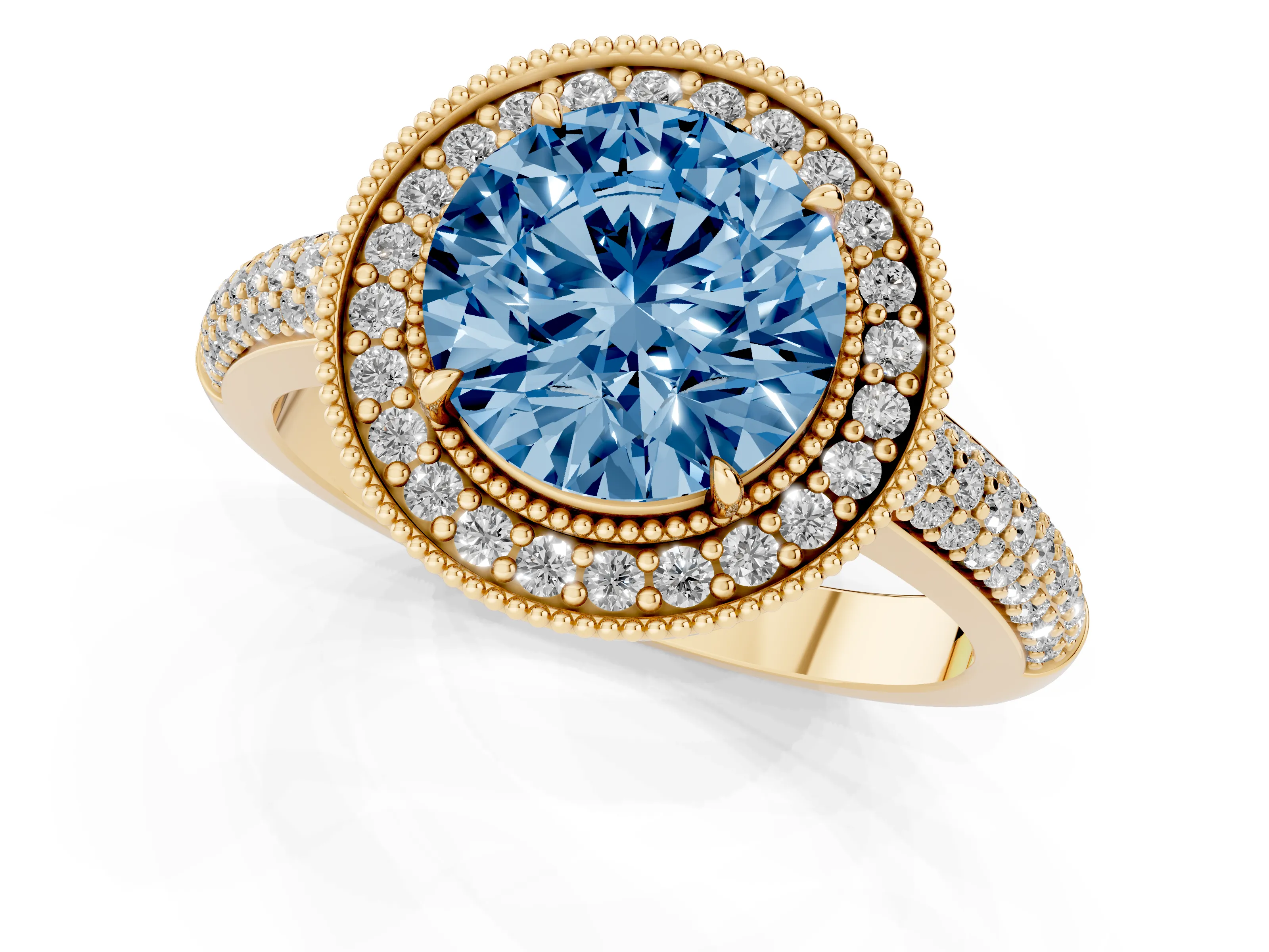 Fancy Blue Round Cut Diamond Halo Pavé Band Set in Yellow gold with Prong Setting