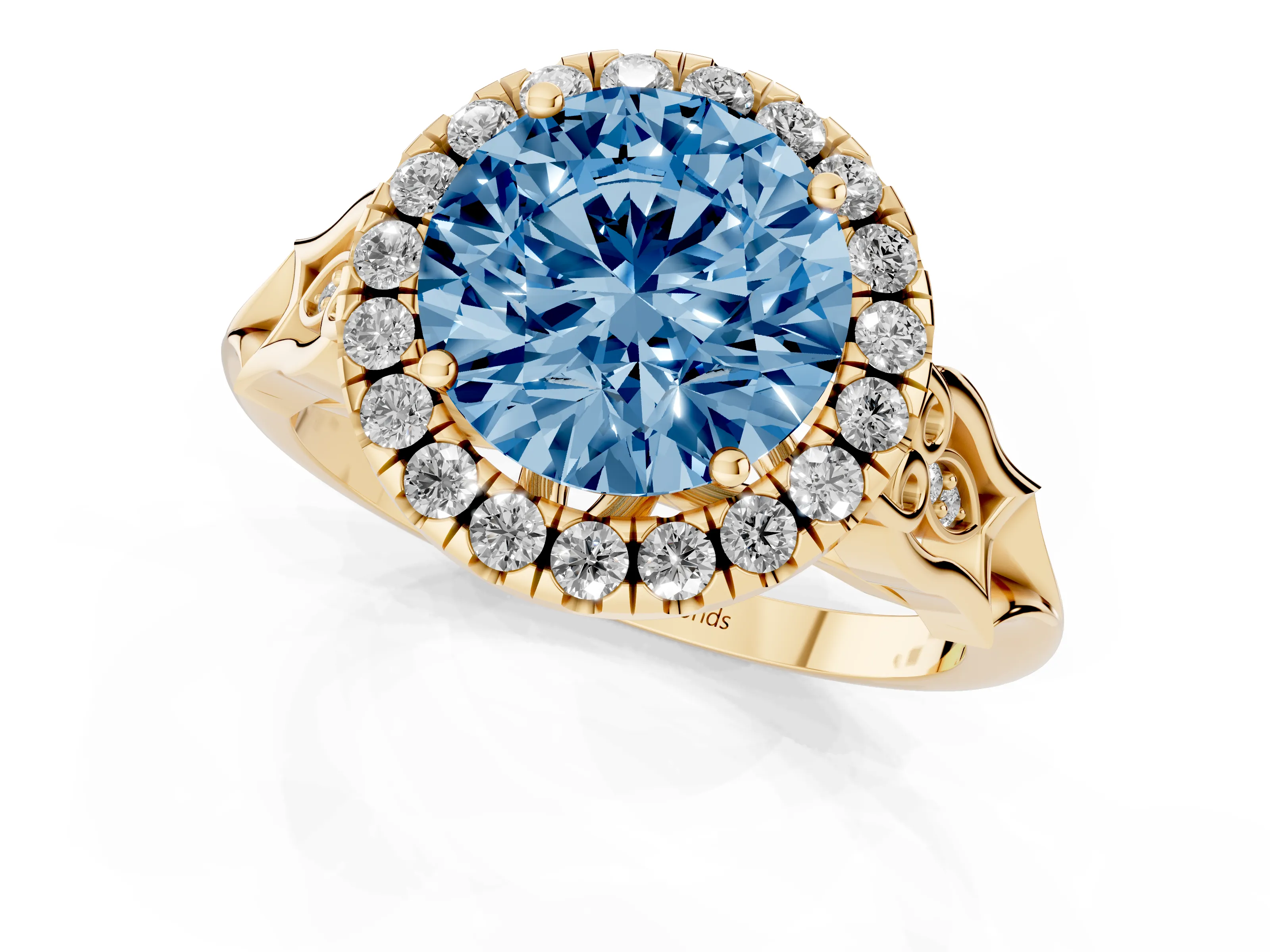 Fancy Blue Round Cut Diamond Halo Engagement Ring Set in Yellow gold with Filigree Band and Prong-Set Center