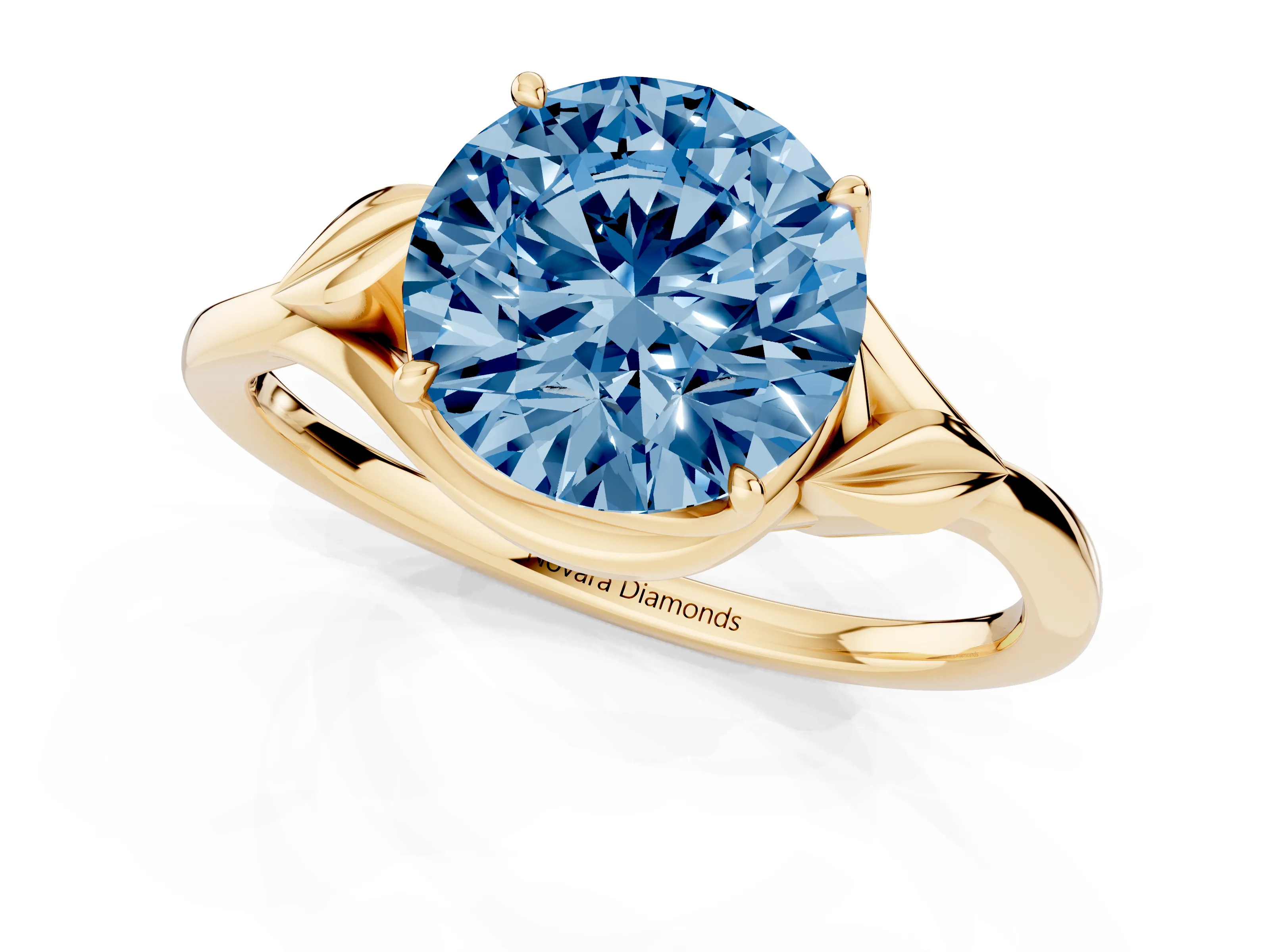 Fancy Blue Round Cut Diamond Solitaire Ring Set in Yellow gold with Polished Twist Band
