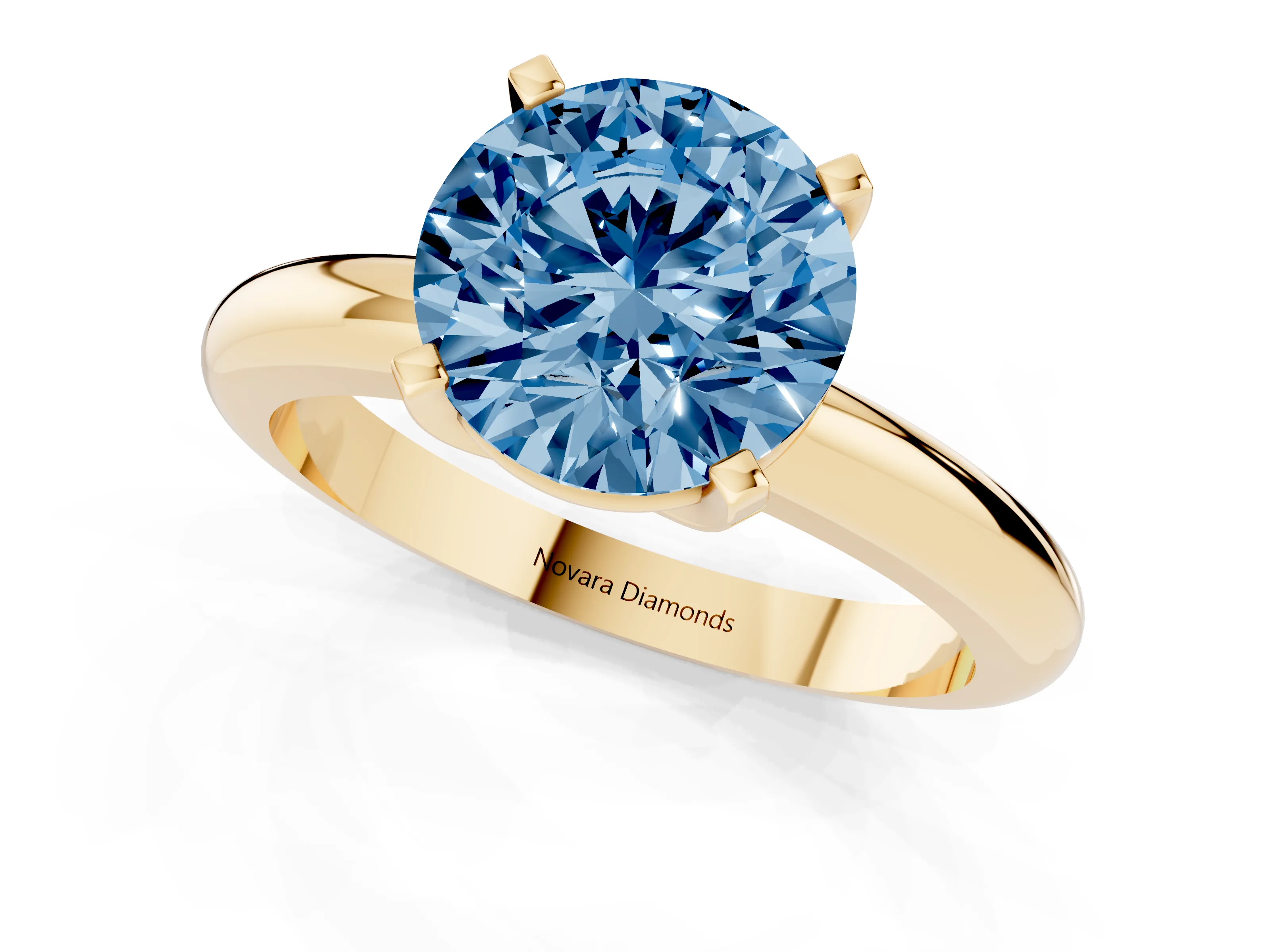 Fancy Blue Round Cut Diamond Solitaire Engagement Ring Set in Yellow gold with Round Band and Prong Setting