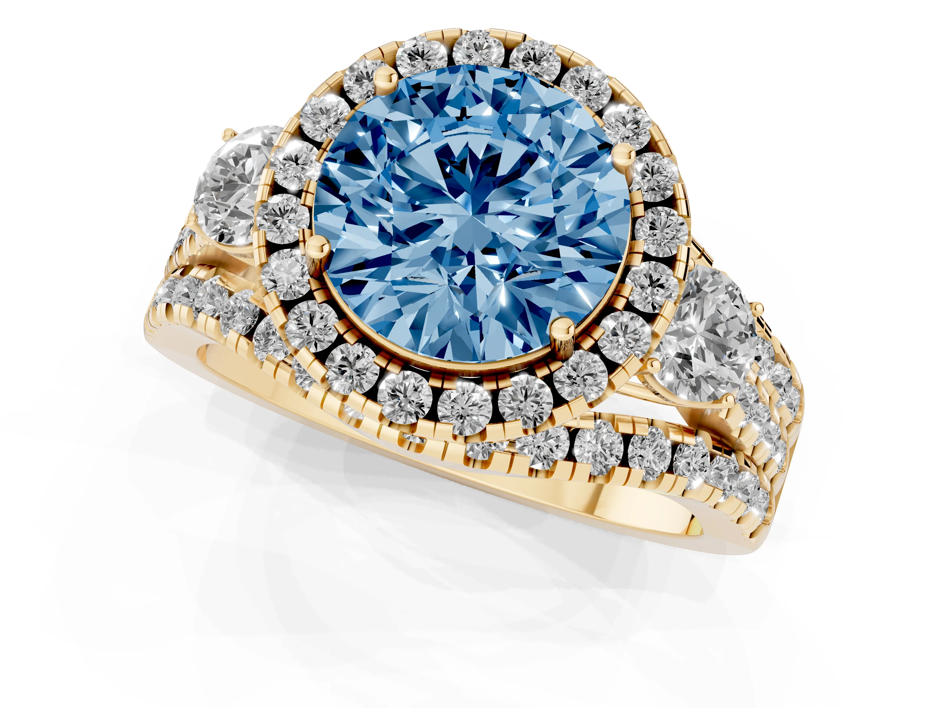 Fancy Blue Round Cut Diamond Halo Split Shank Ring Set in Yellow gold with Round Accent Stones and Prong Setting