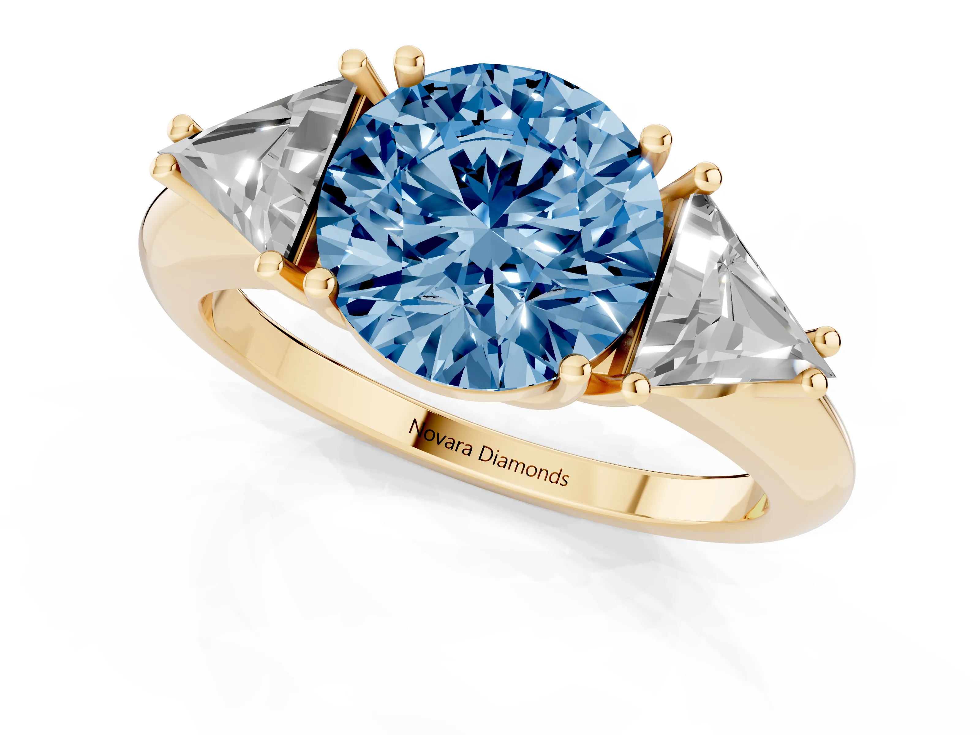 Fancy Blue Round Cut Diamond Three-Stone Engagement Ring Set in Yellow gold with Trillion Side Stones