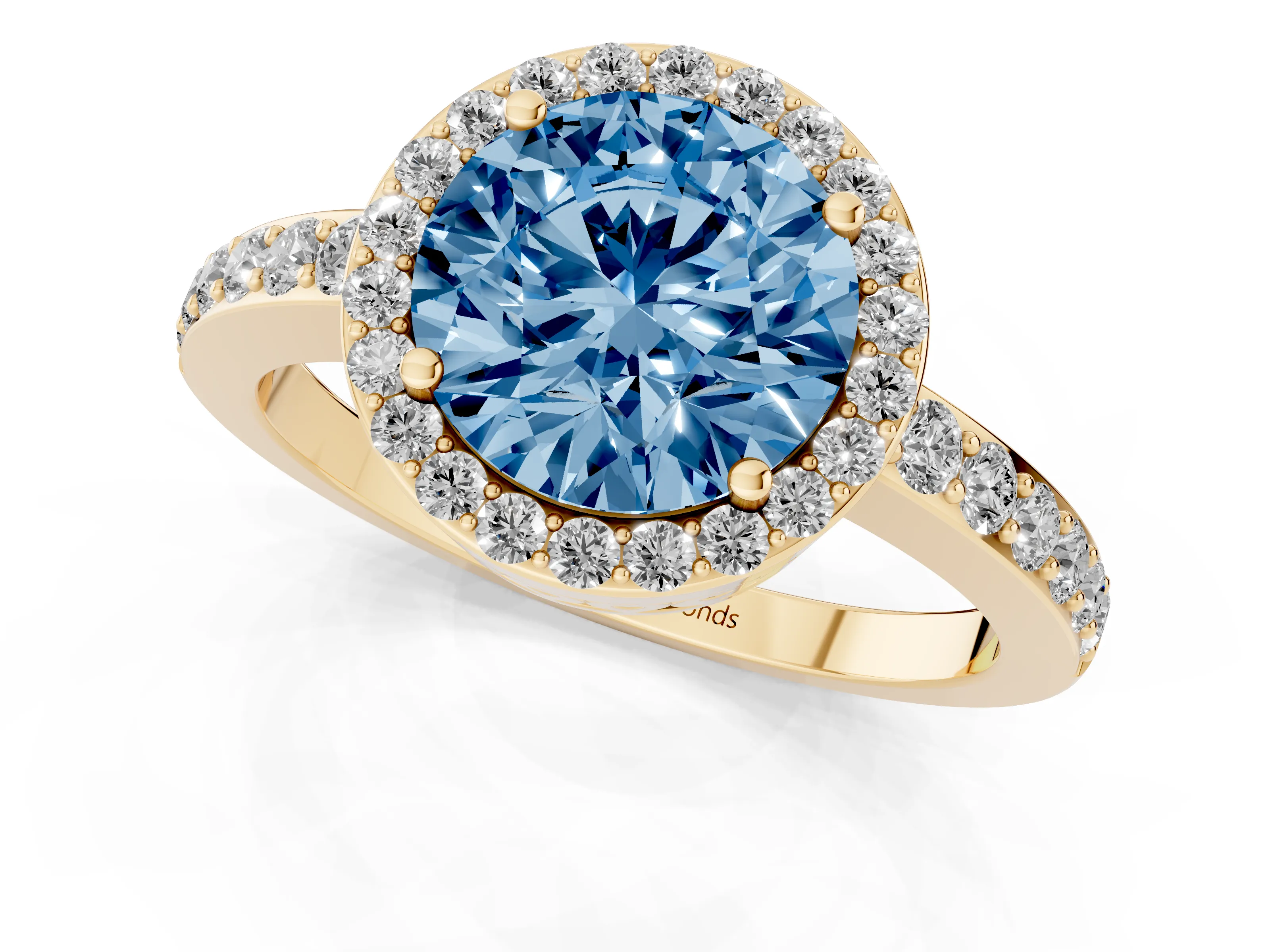 Fancy Blue Round Cut Diamond Halo Ring Set in Yellow gold with Pavé-Setting Band and Open Prong Center