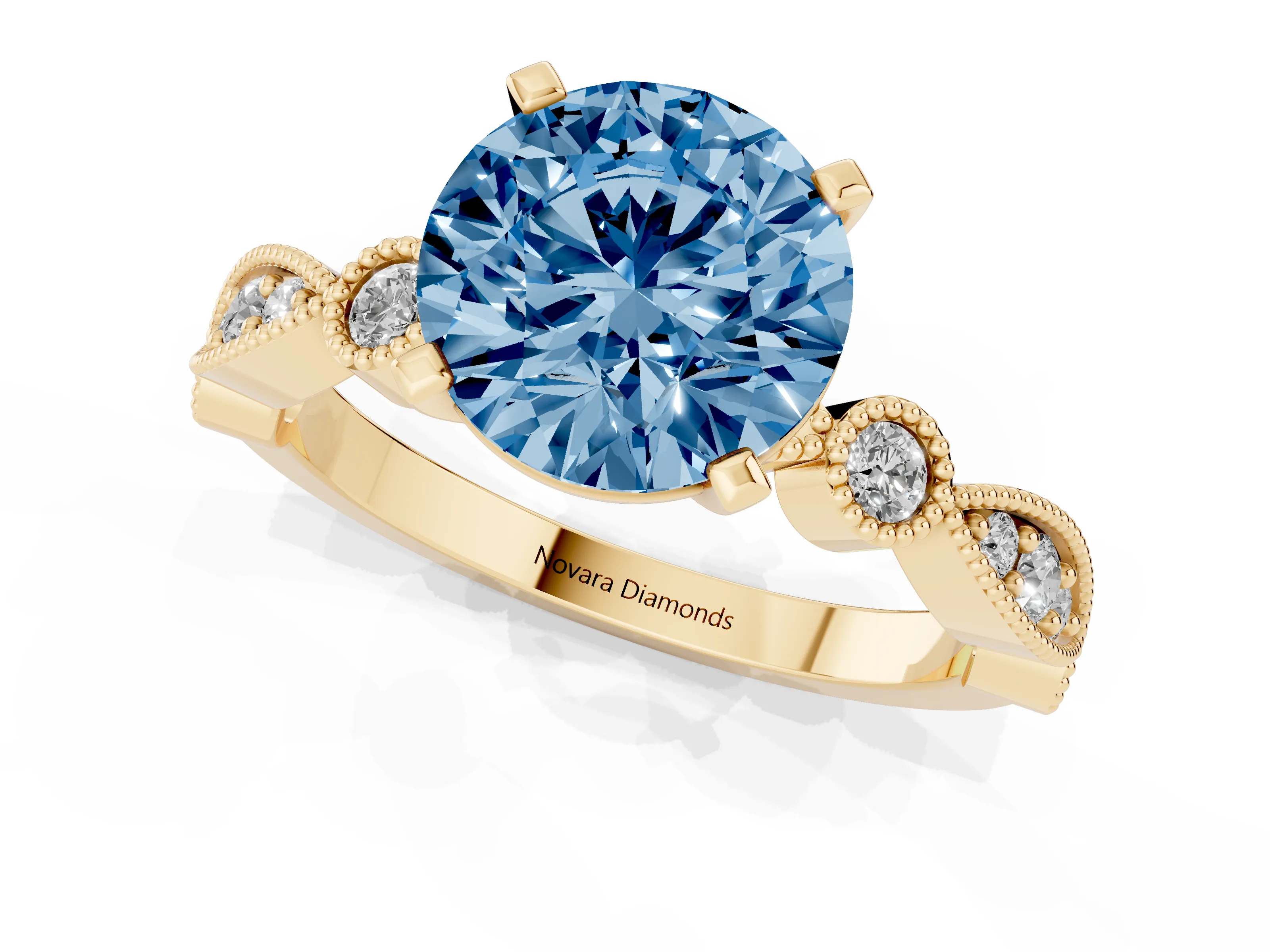 Fancy Blue Round Cut Diamond Solitaire Engagement Ring Set in Yellow gold with Milgrain Bezel Accent Band