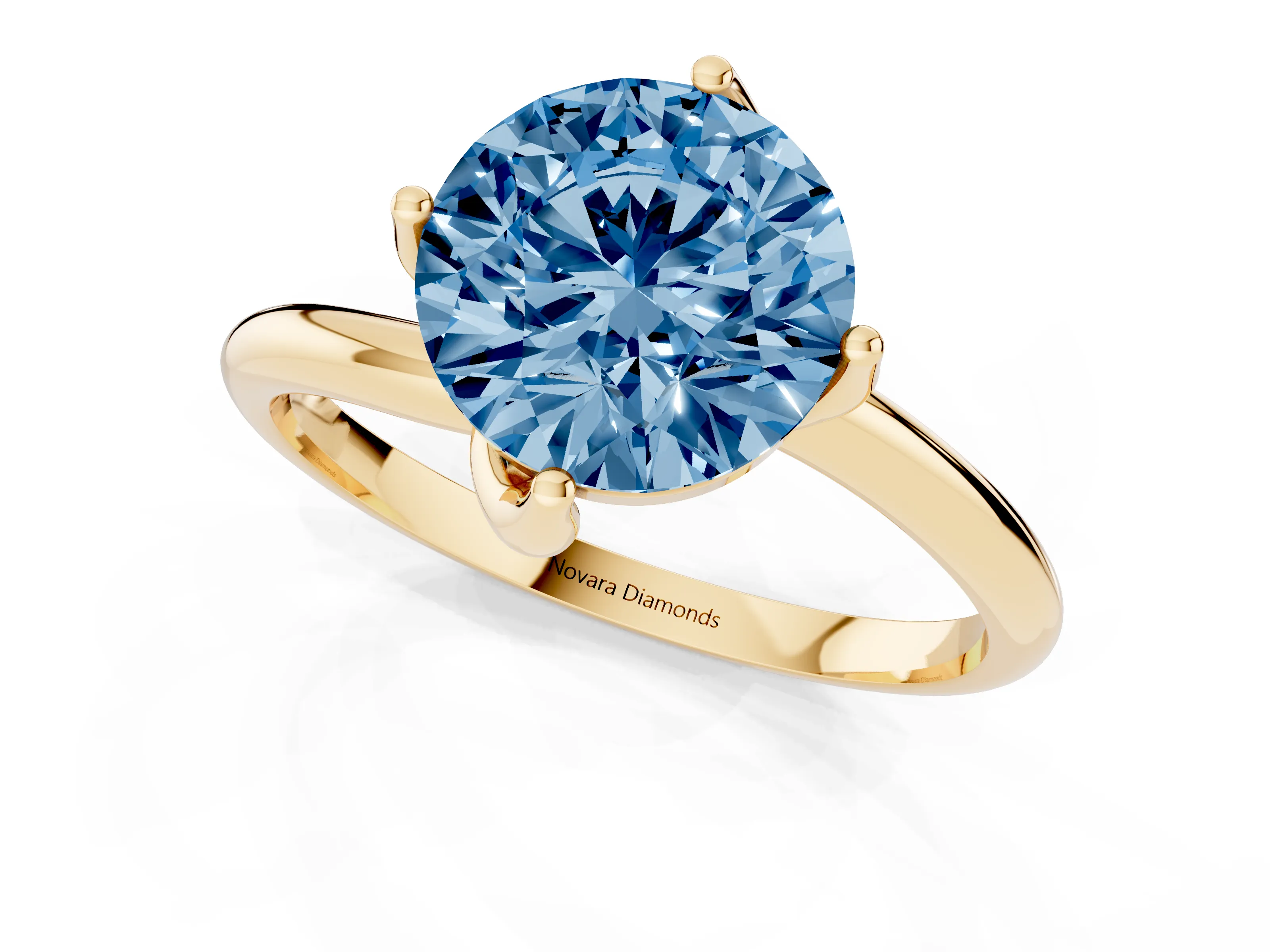 Fancy Blue Round Cut Diamond Solitaire Engagement Ring Set in Yellow gold with Classic Plain Band