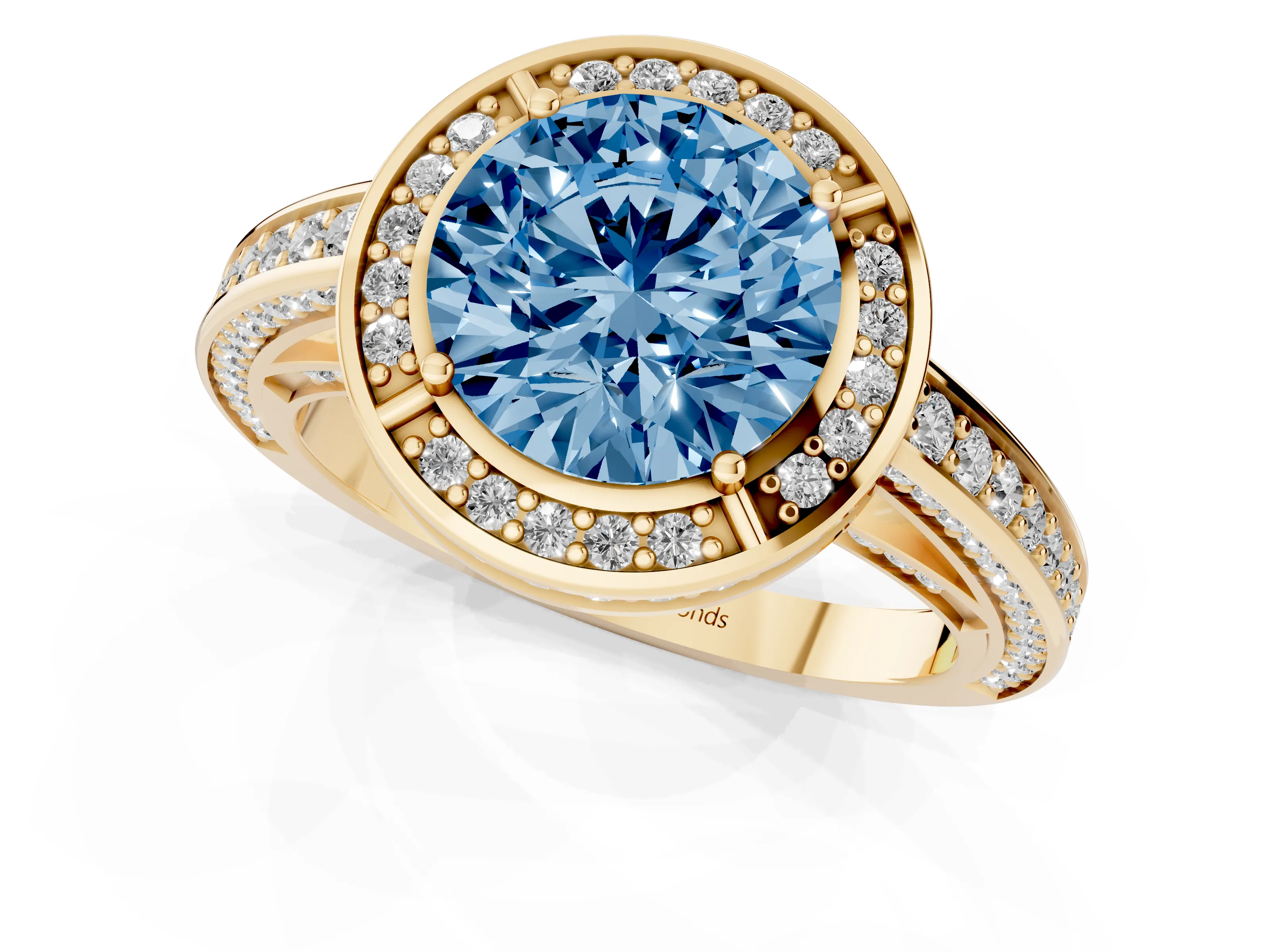 Fancy Blue Round Cut Diamond Halo Pavé Split Shank Ring Set in Yellow gold with Prong Setting