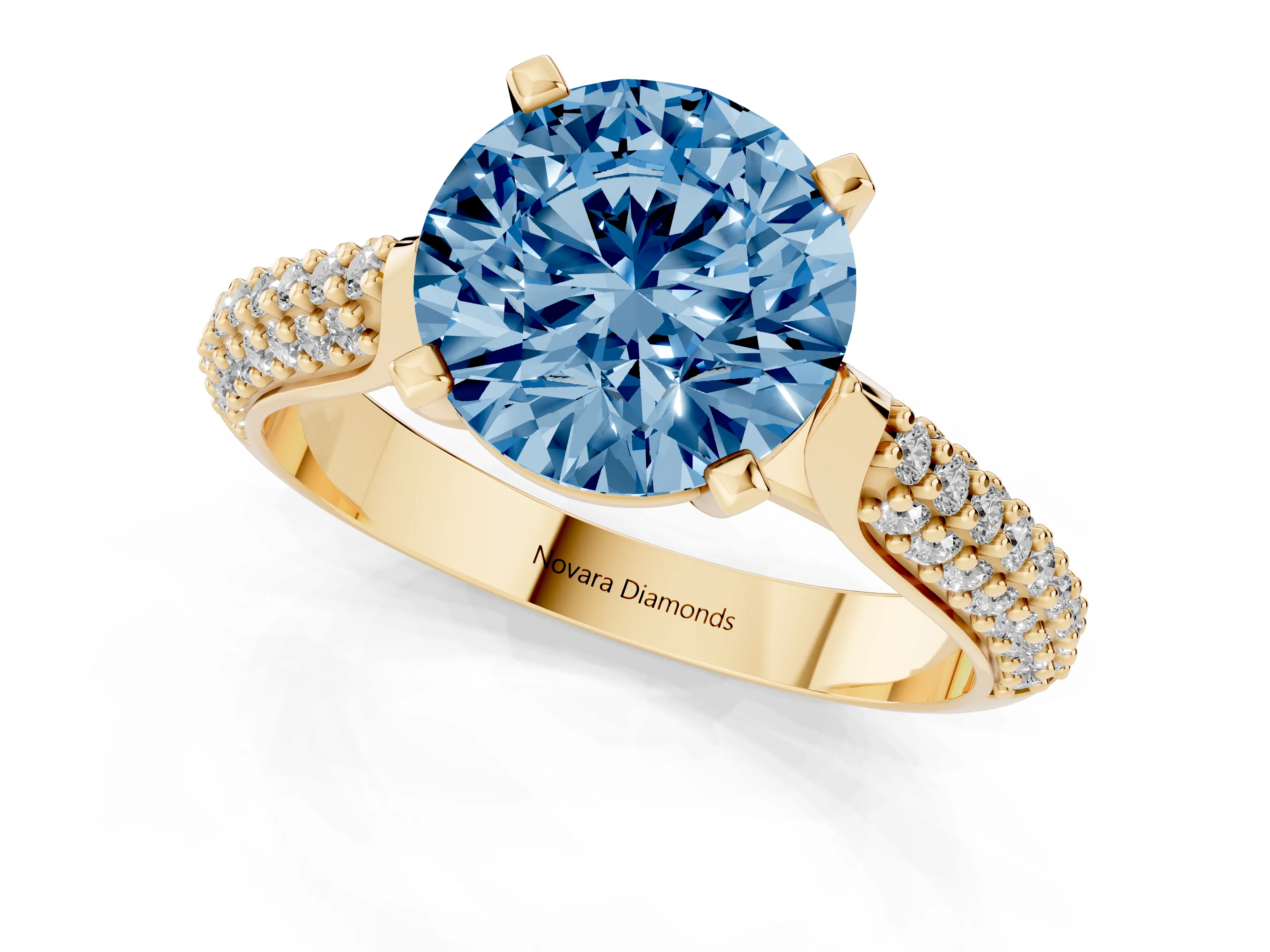 Fancy Blue Round Cut Diamond Solitaire Engagement Ring Set in Yellow gold with Multi-Row Round Pavé Band and Prong Setting