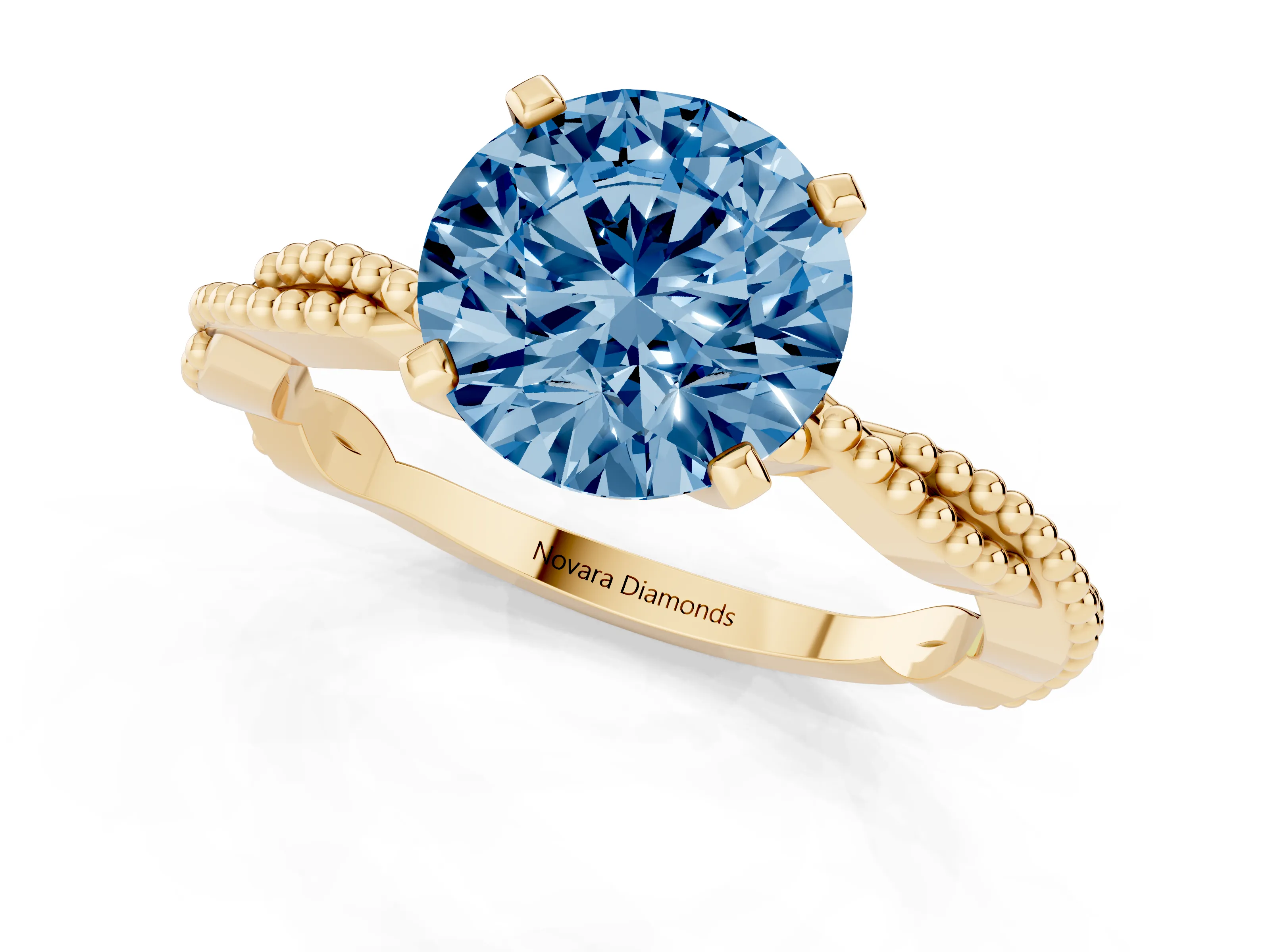 Fancy Blue Round Cut Diamond Solitaire Ring Set in Yellow gold with Twisted Band and Bead Prong Setting
