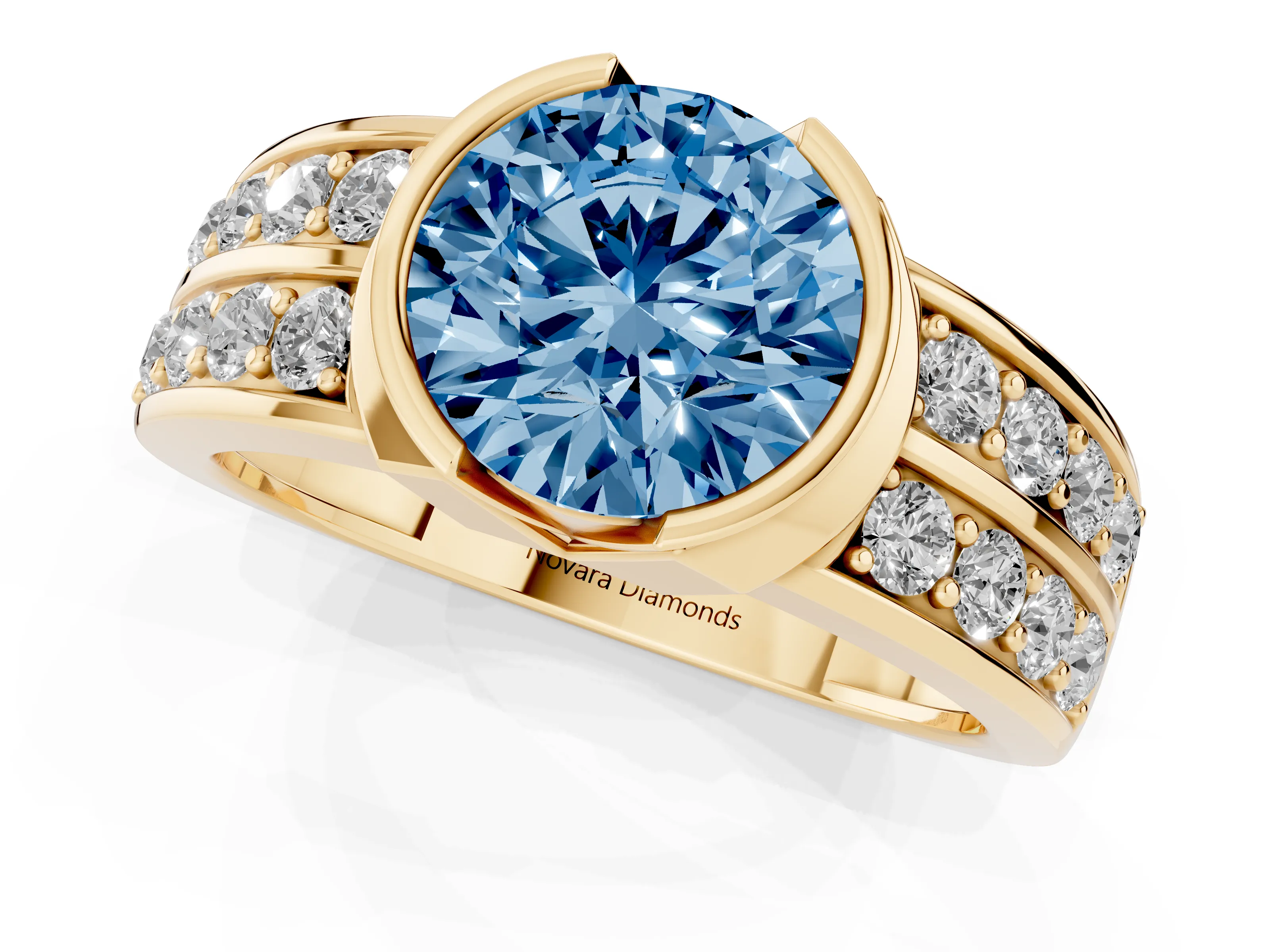 Fancy Blue Round Cut Diamond Wide Channel Set Band Ring Set in Yellow gold with Bezel Setting