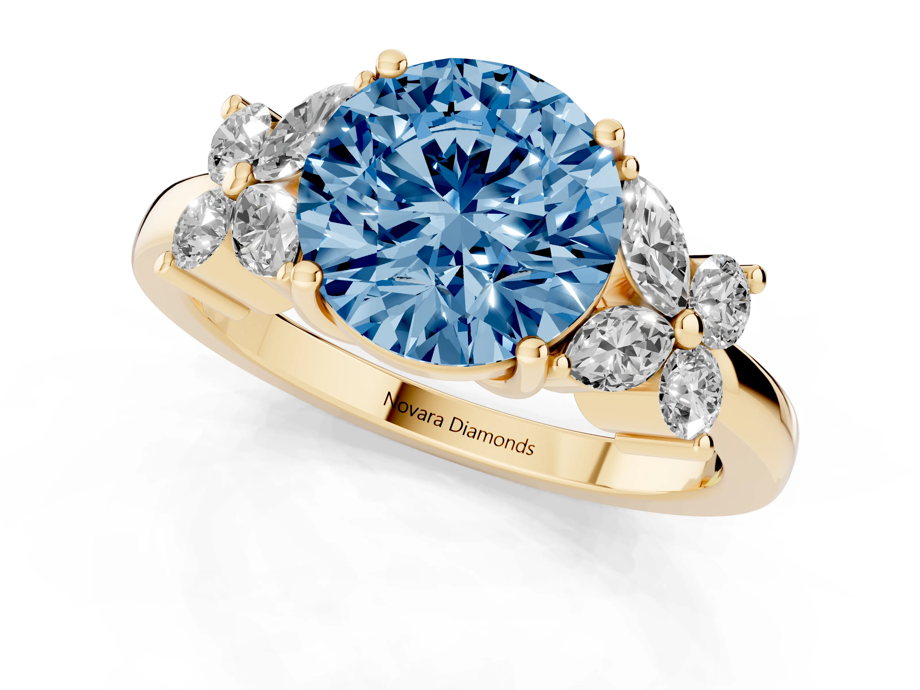 Fancy Blue Round Cut Diamond Floral Cluster Ring Set in Yellow gold with Marquise Petals and Prong Setting