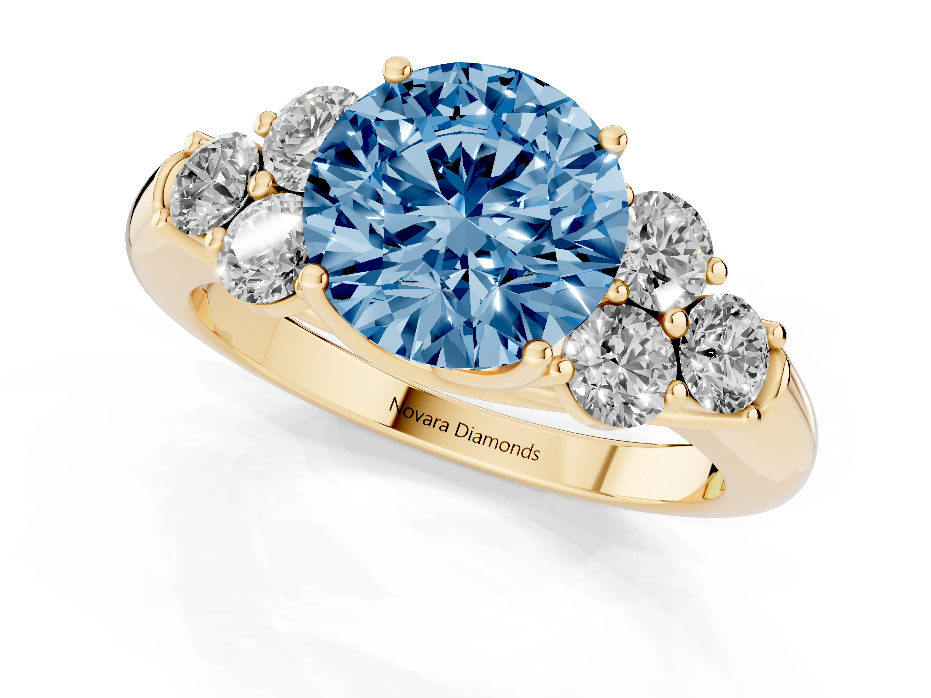 Fancy Blue Round Cut Diamond Cluster Ring Set in Yellow gold with Round Accent Stones and Prong Setting on a Plain Band