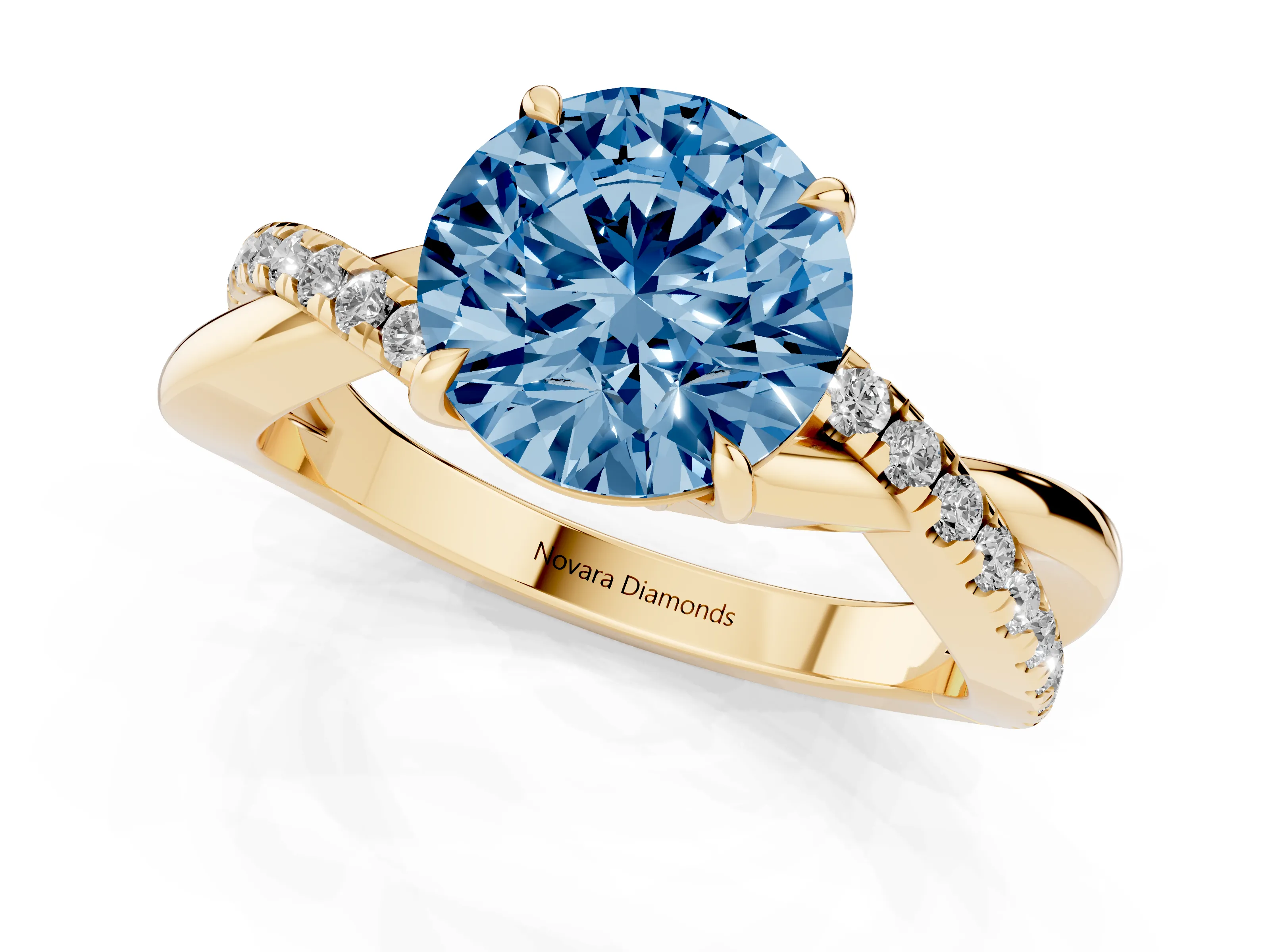 Fancy Blue Round Cut Diamond Twisted Pavé Band Ring Set in Yellow gold with Prong Setting