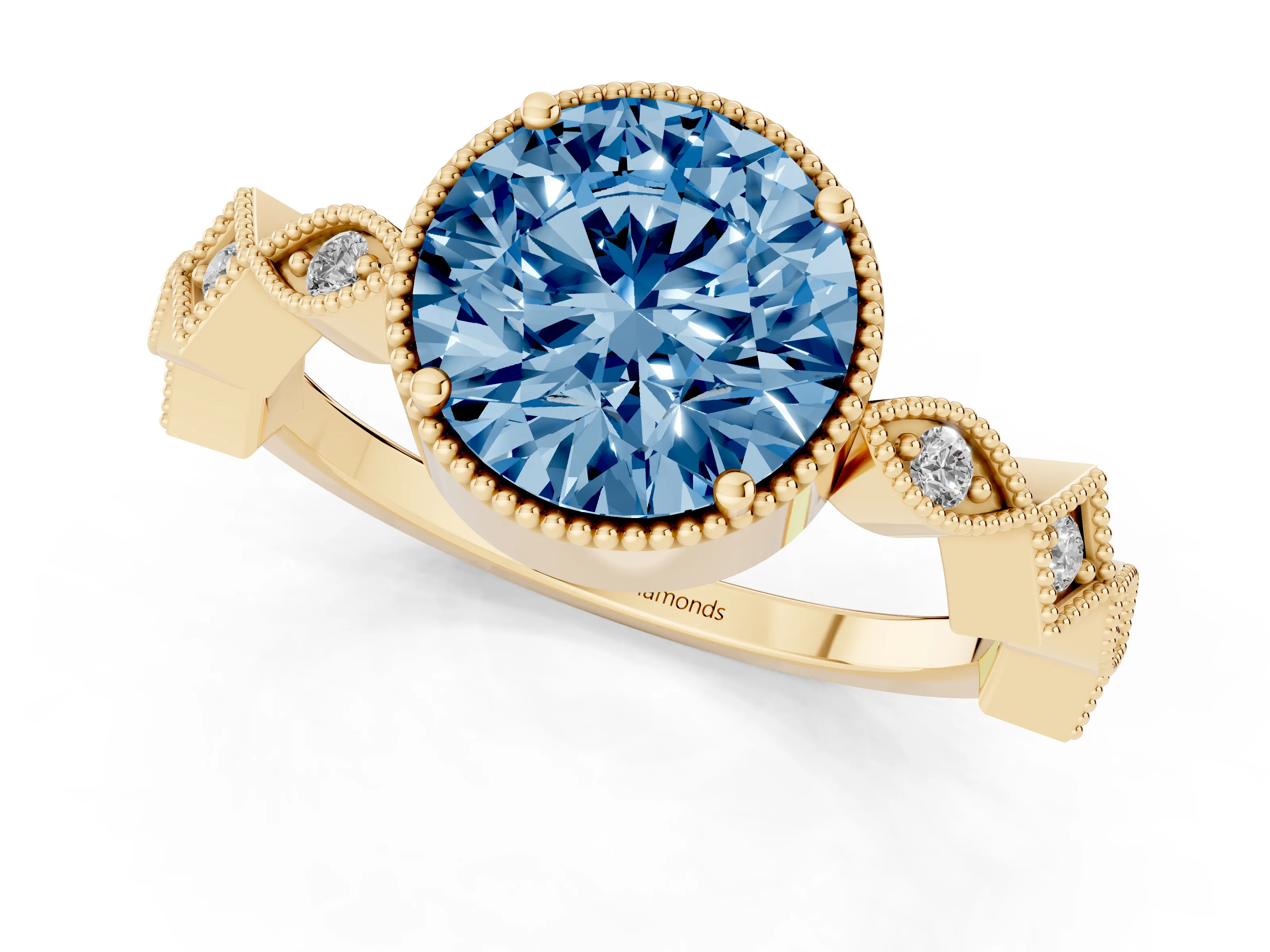 Fancy Blue Round Cut Diamond Milgrain Marquise Twist Band Ring Set in Yellow gold with Prong Setting
