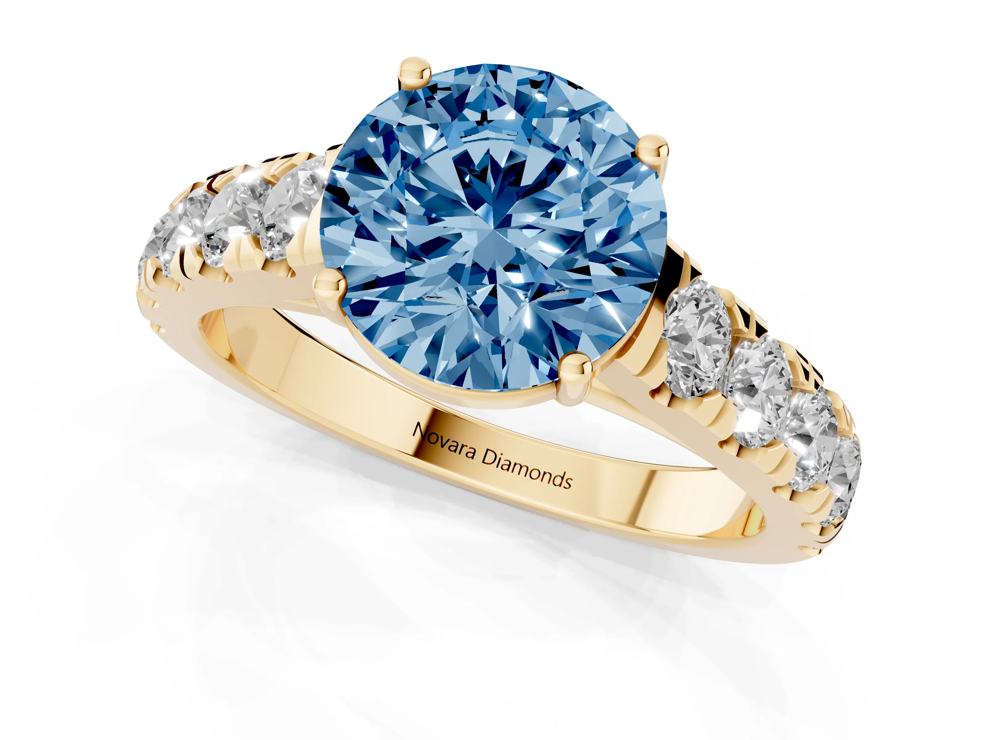 Fancy Blue Round Cut Diamond Solitaire Ring Set in Yellow gold with Cut-Down Micro Pavé Band and Prong Setting