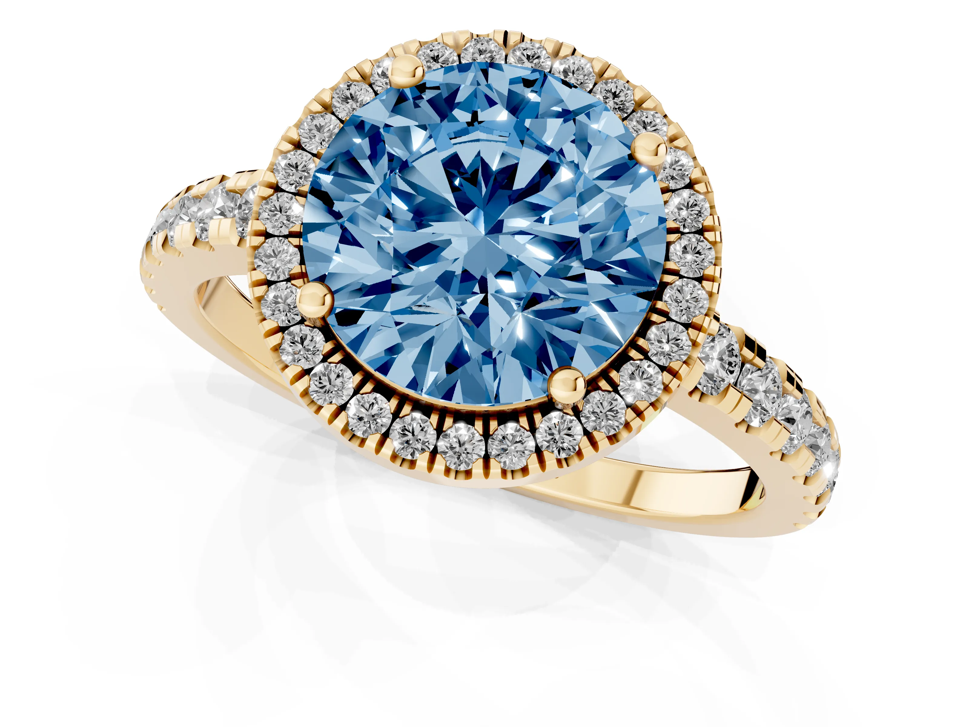Fancy Blue Round Cut Diamond Halo Ring Set in Yellow gold with Delicate Pavé Band and Prong Setting
