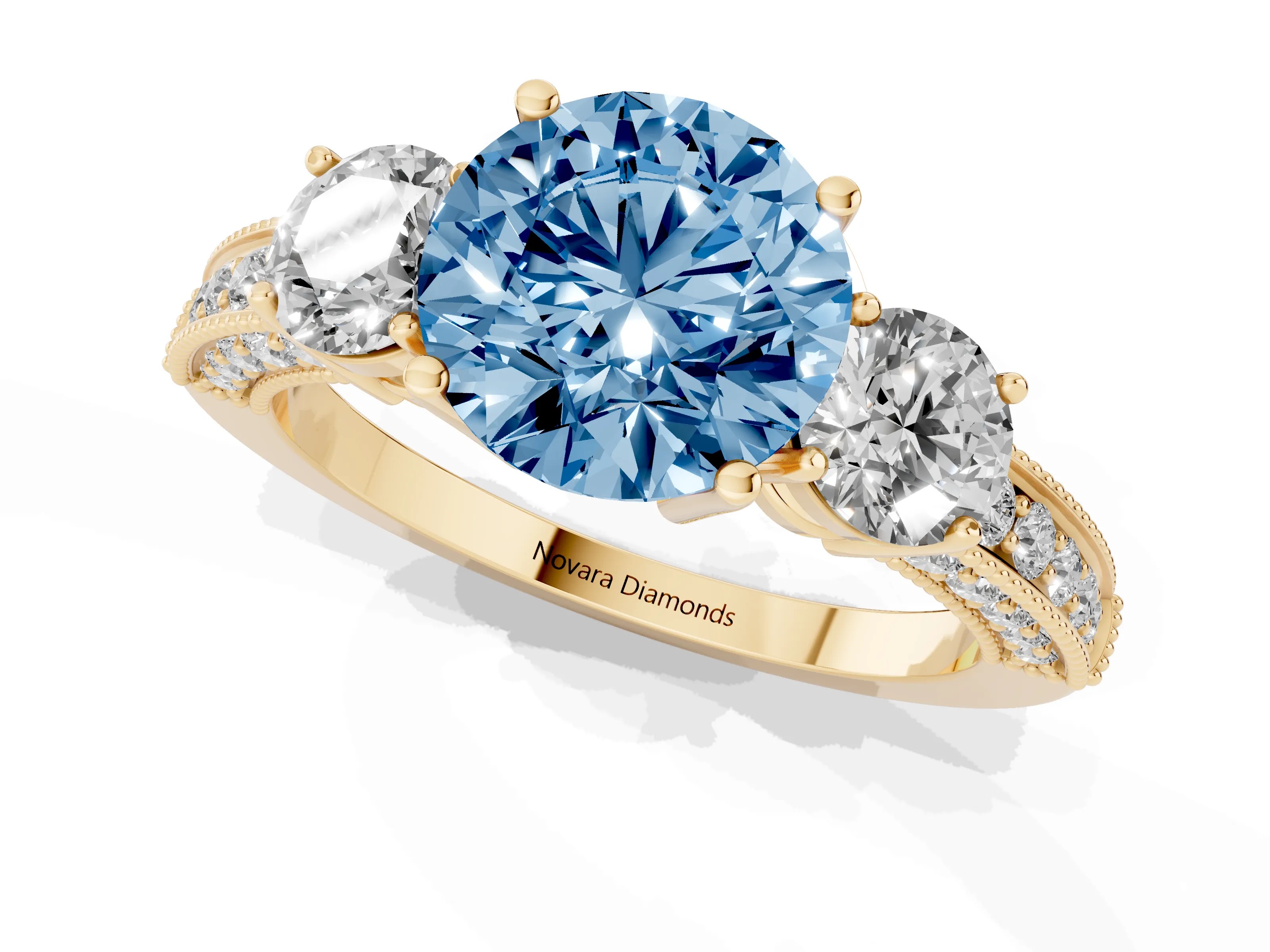 Fancy Blue Round Cut Diamond Three-Stone Ring Set in Yellow gold with Round Side Stones and Pavé Band