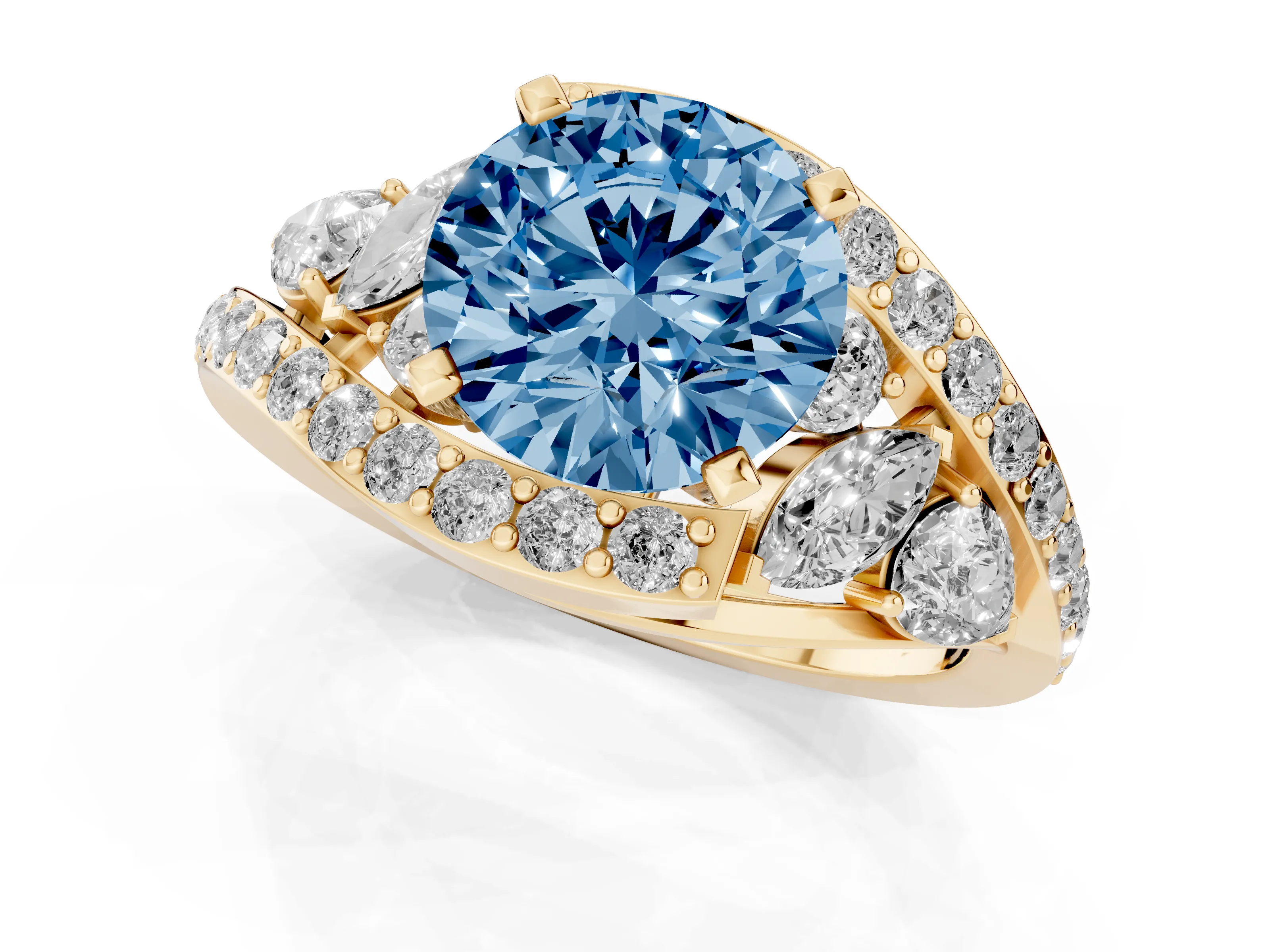 Fancy Blue Round Cut Diamond Halo Ring Set in Yellow gold with Marquise and Pavé Band in Prong Setting