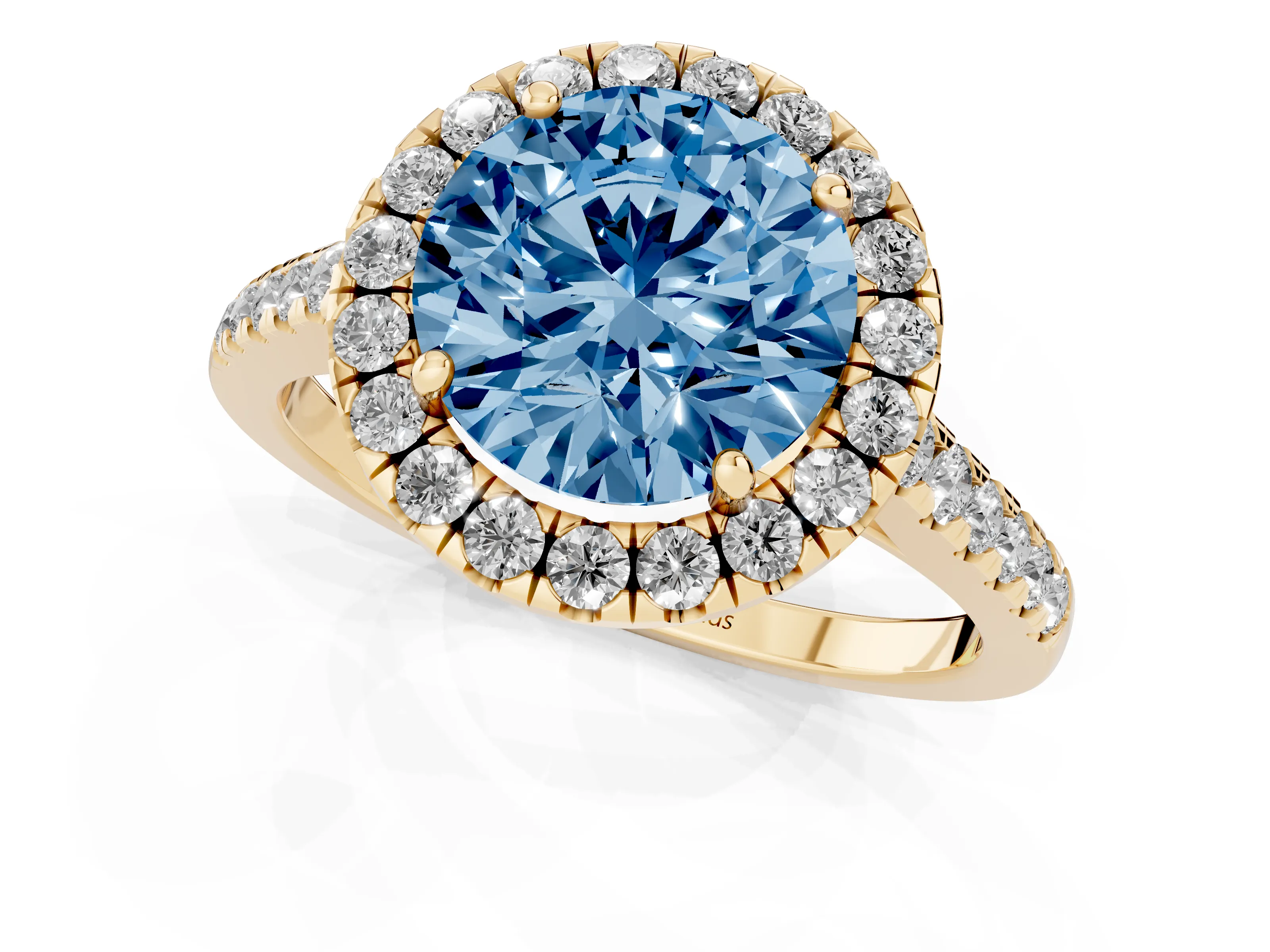 Fancy Blue Round Cut Diamond Halo Pavé Engagement Ring Set in Yellow gold with Prong Setting