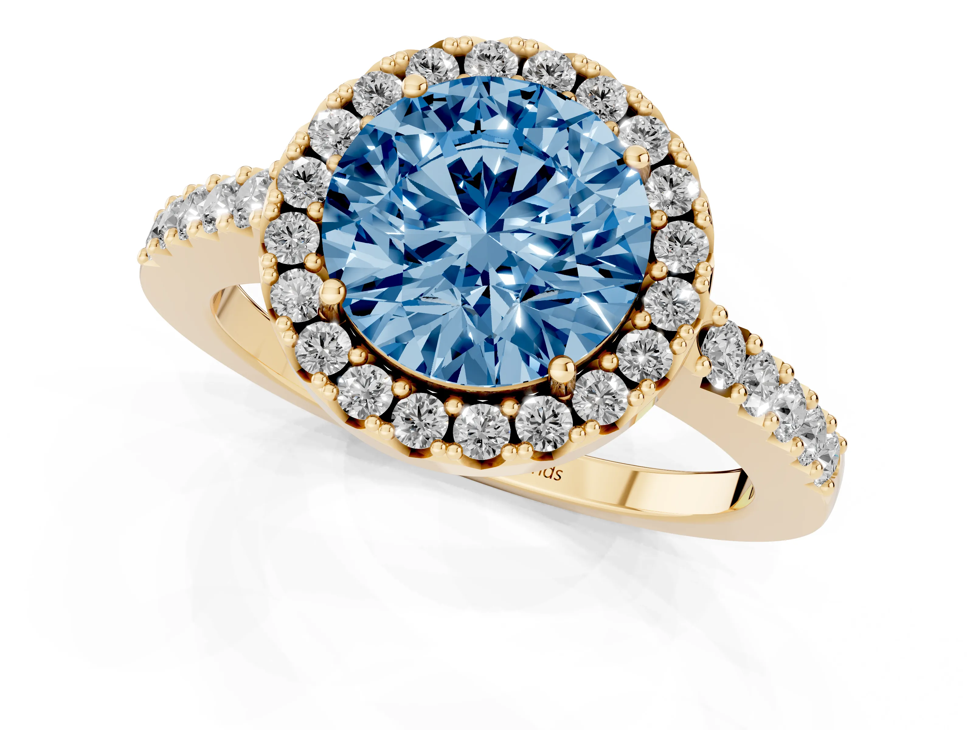 Fancy Blue Round Cut Diamond Halo Pavé Solitaire Ring Set in Yellow gold with Prong-Set Center Stone