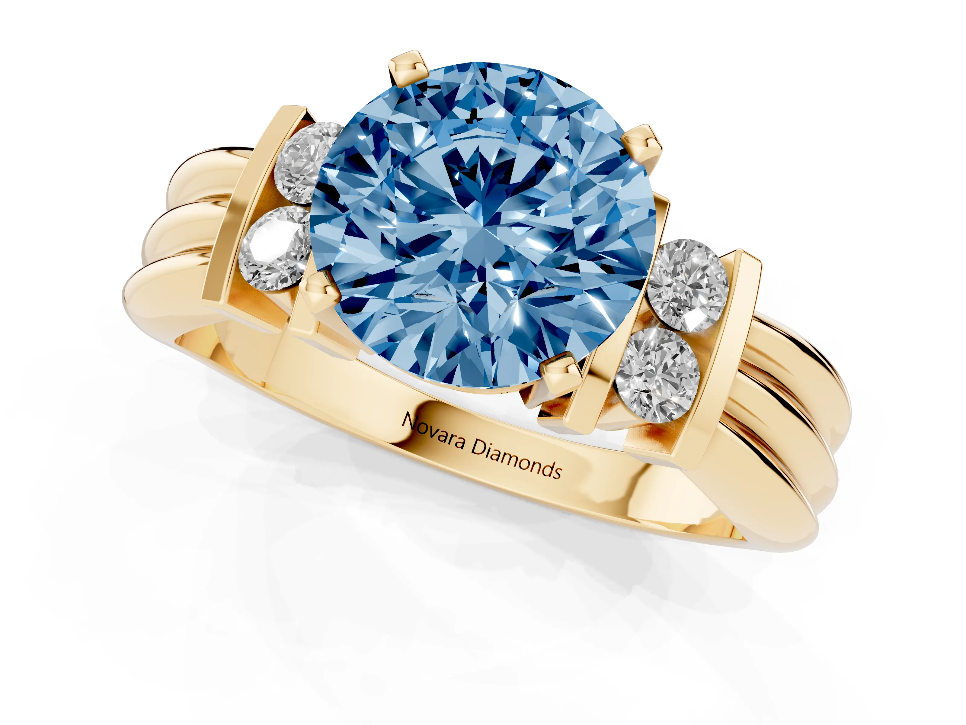 Fancy Blue Three-Stone Round Cut Diamond Channel Set Ring Set in Yellow gold with Bar Prongs