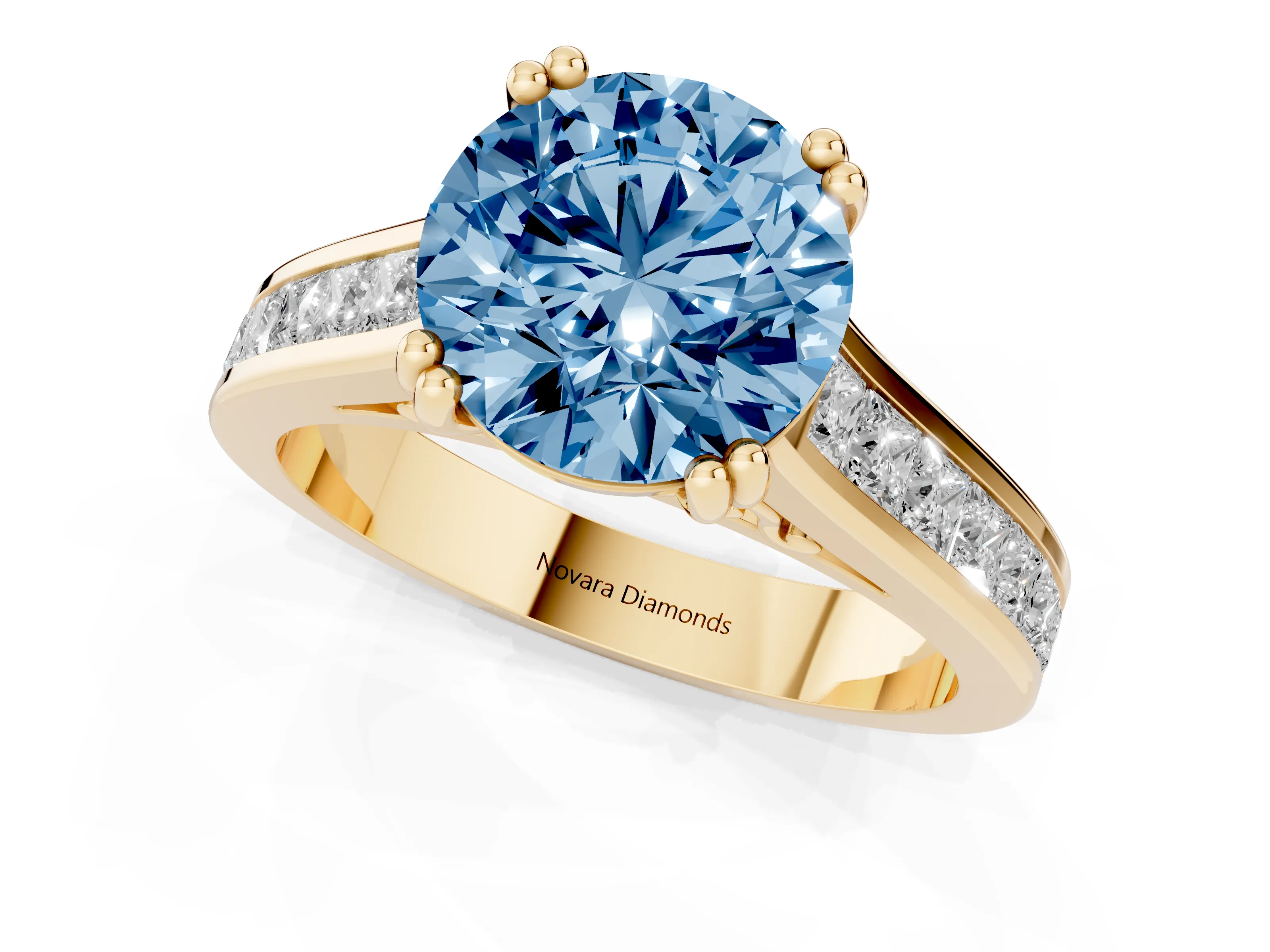 Fancy Blue Round Cut Diamond Channel Set Solitaire Engagement Ring Set in Yellow gold with Prong Setting