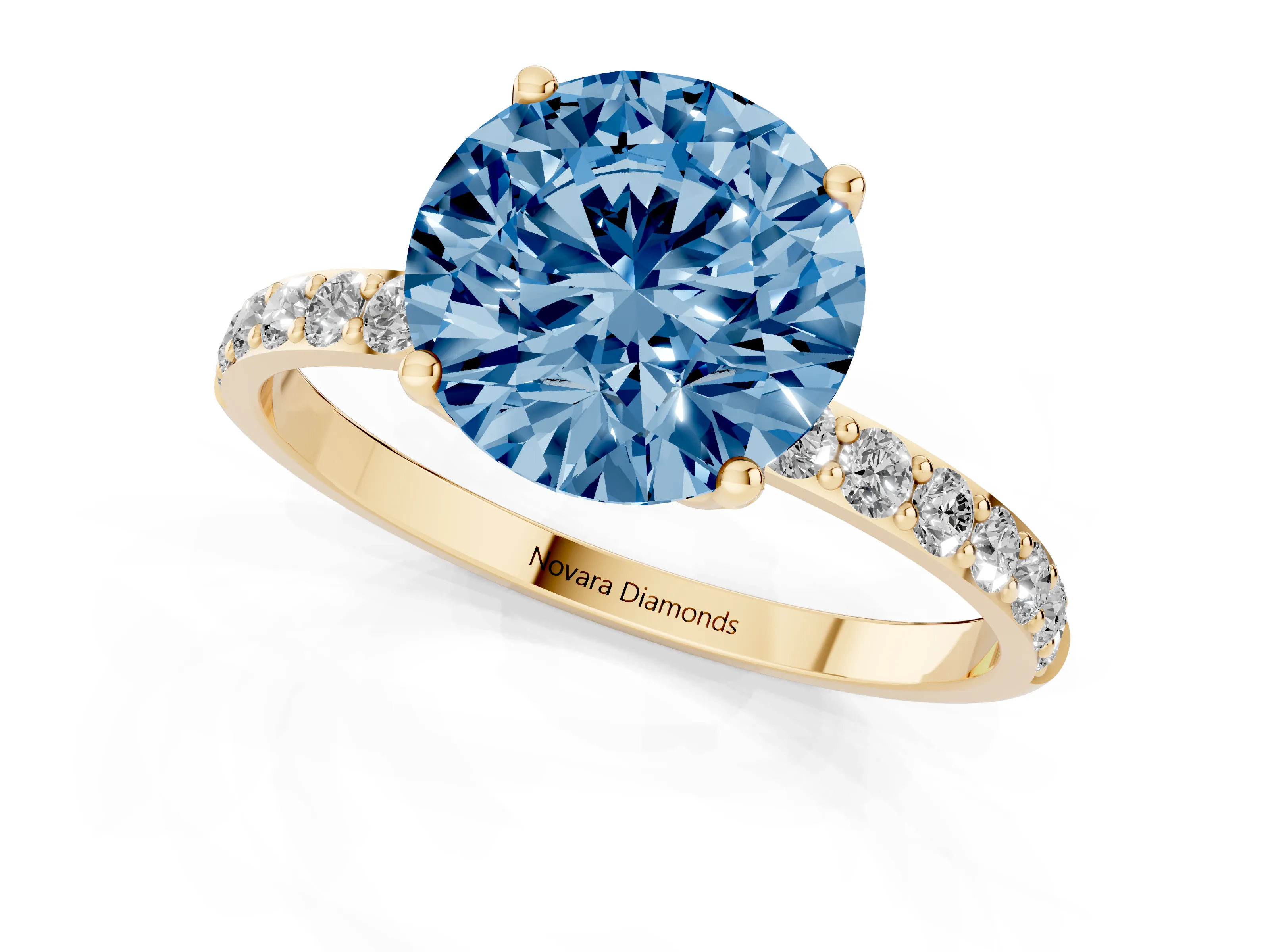Fancy Blue Round Cut Diamond Solitaire Engagement Ring Set in Yellow gold with Round Pavé Band and Prong Setting