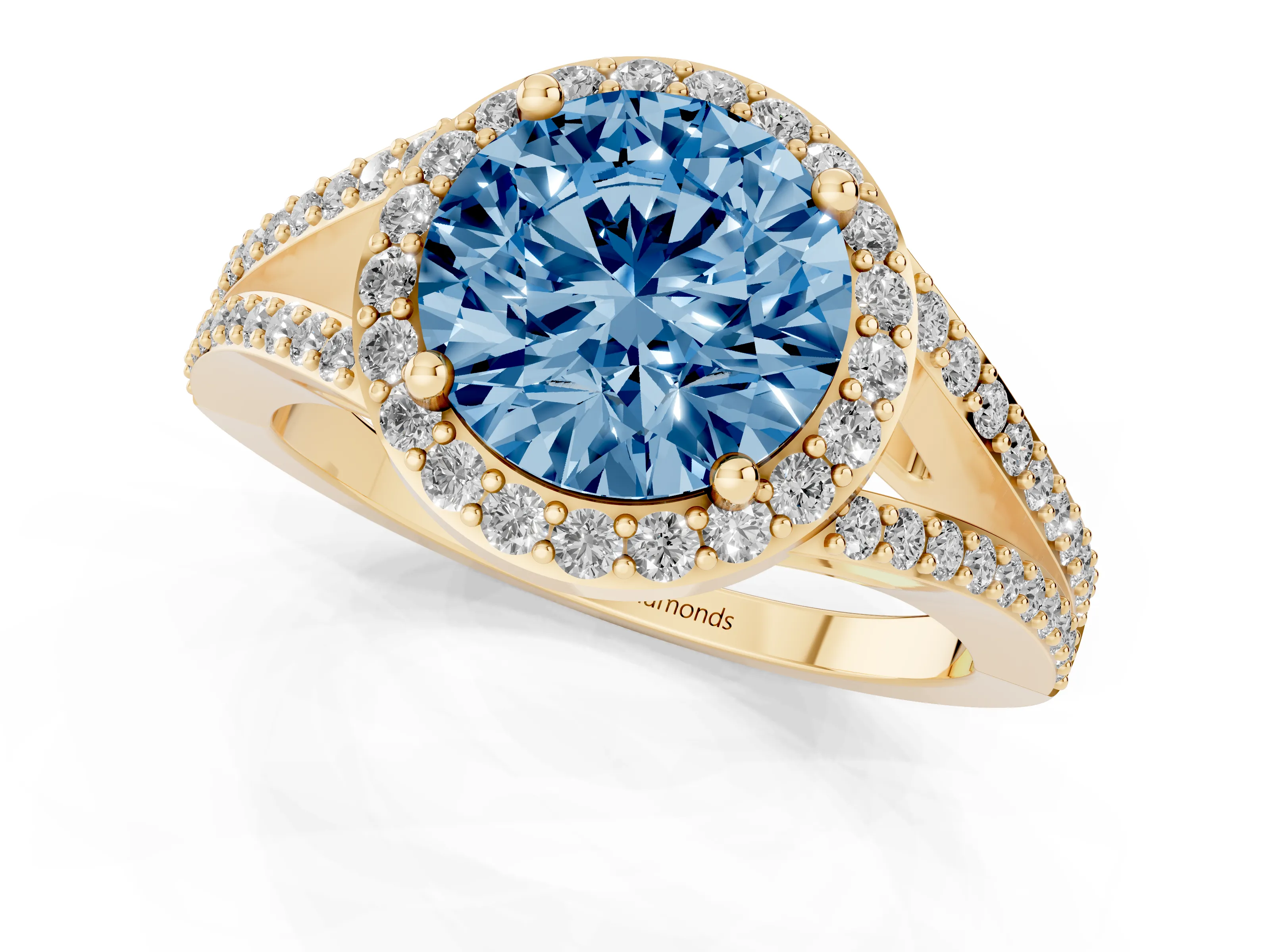 Fancy Blue Round Cut Diamond Halo Split Shank Pavé Ring Set in Yellow gold with Prong Setting