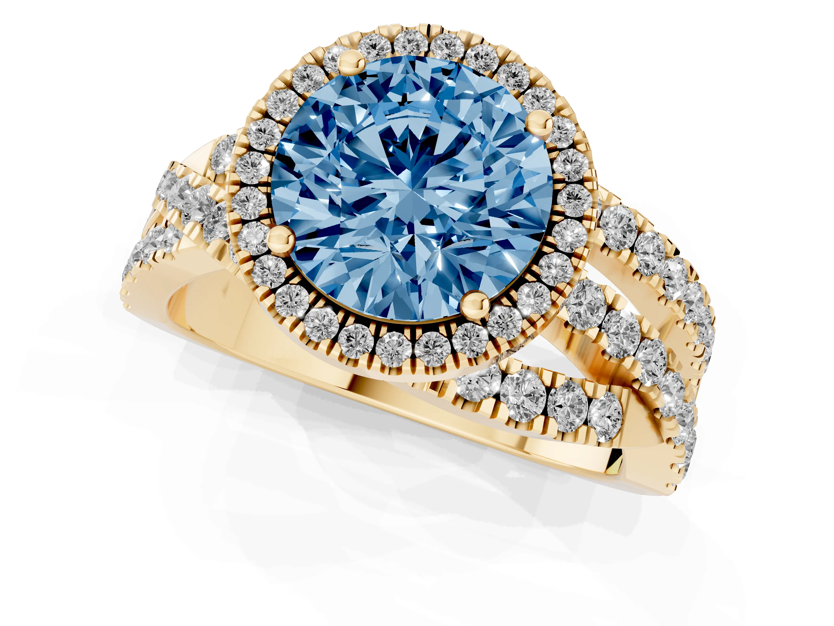 Fancy Blue Round Cut Diamond Halo Ring Set in Yellow gold with Round Crossover Split Shank and Prong Setting