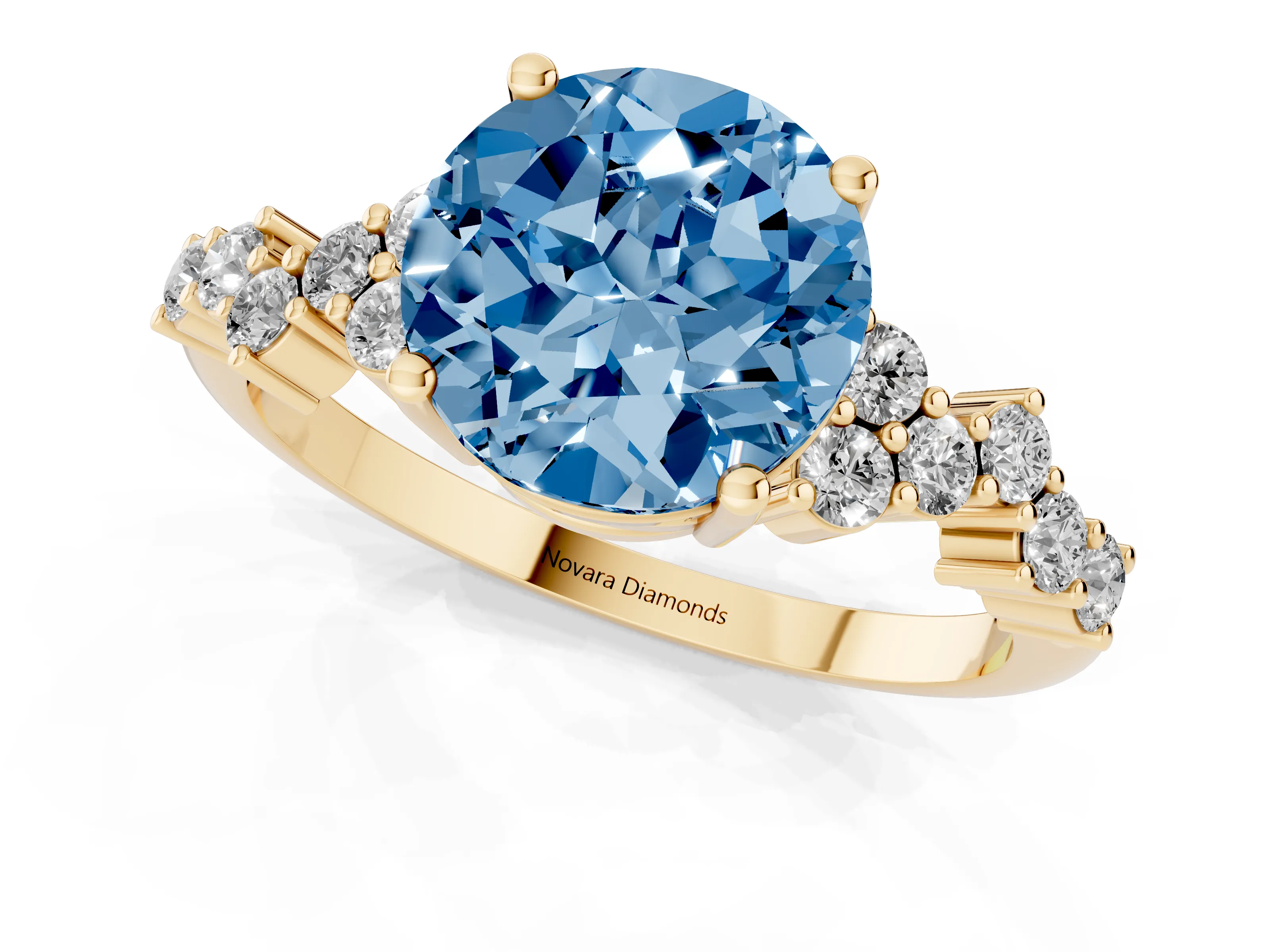 Fancy Blue Round Cut Diamond Ring Set in Yellow gold with Scattered Round Accents