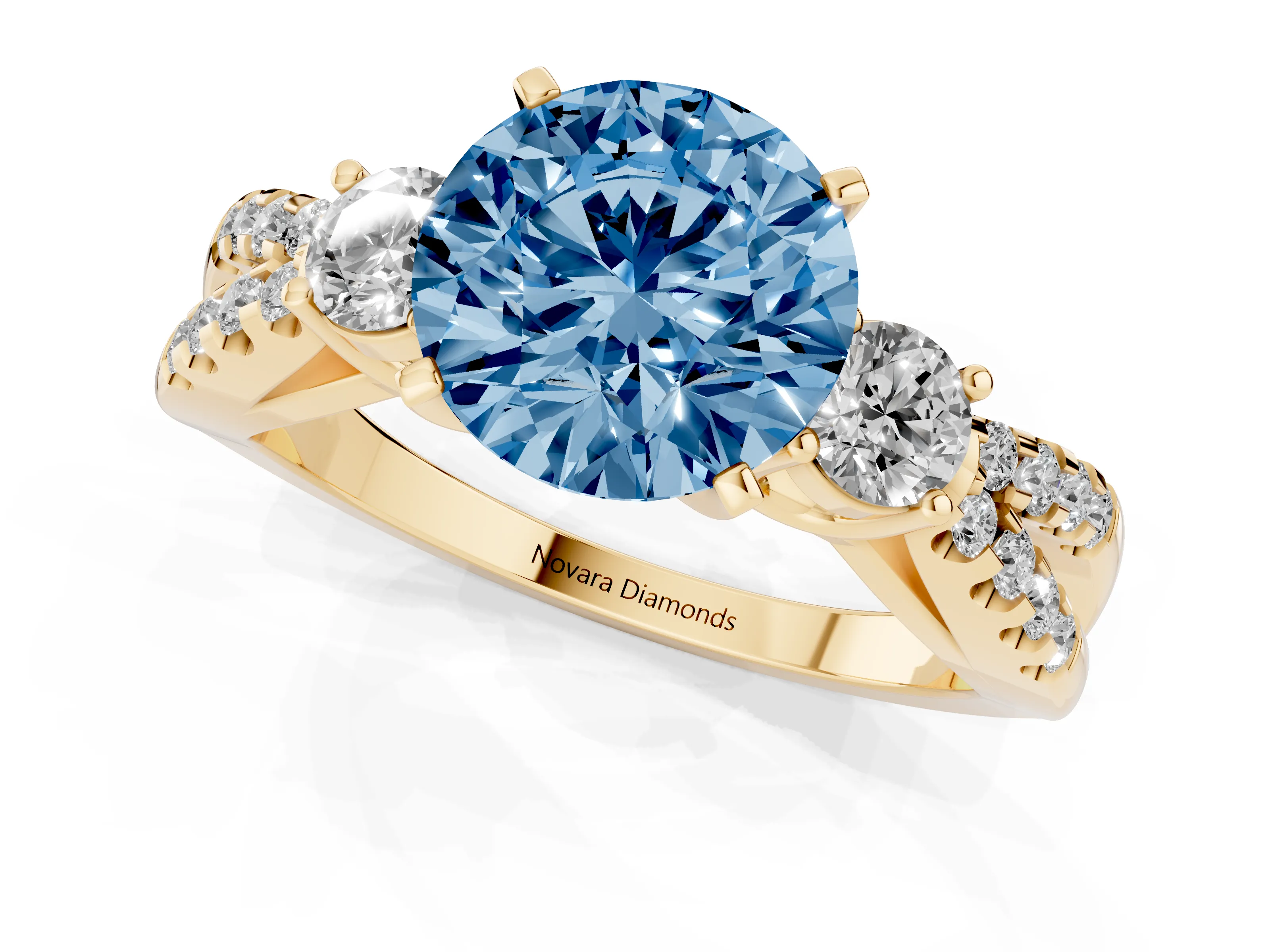 Fancy Blue Round Cut Diamond Three-Stone Ring Set in Yellow gold with Pavé Split Shank and Prong Setting