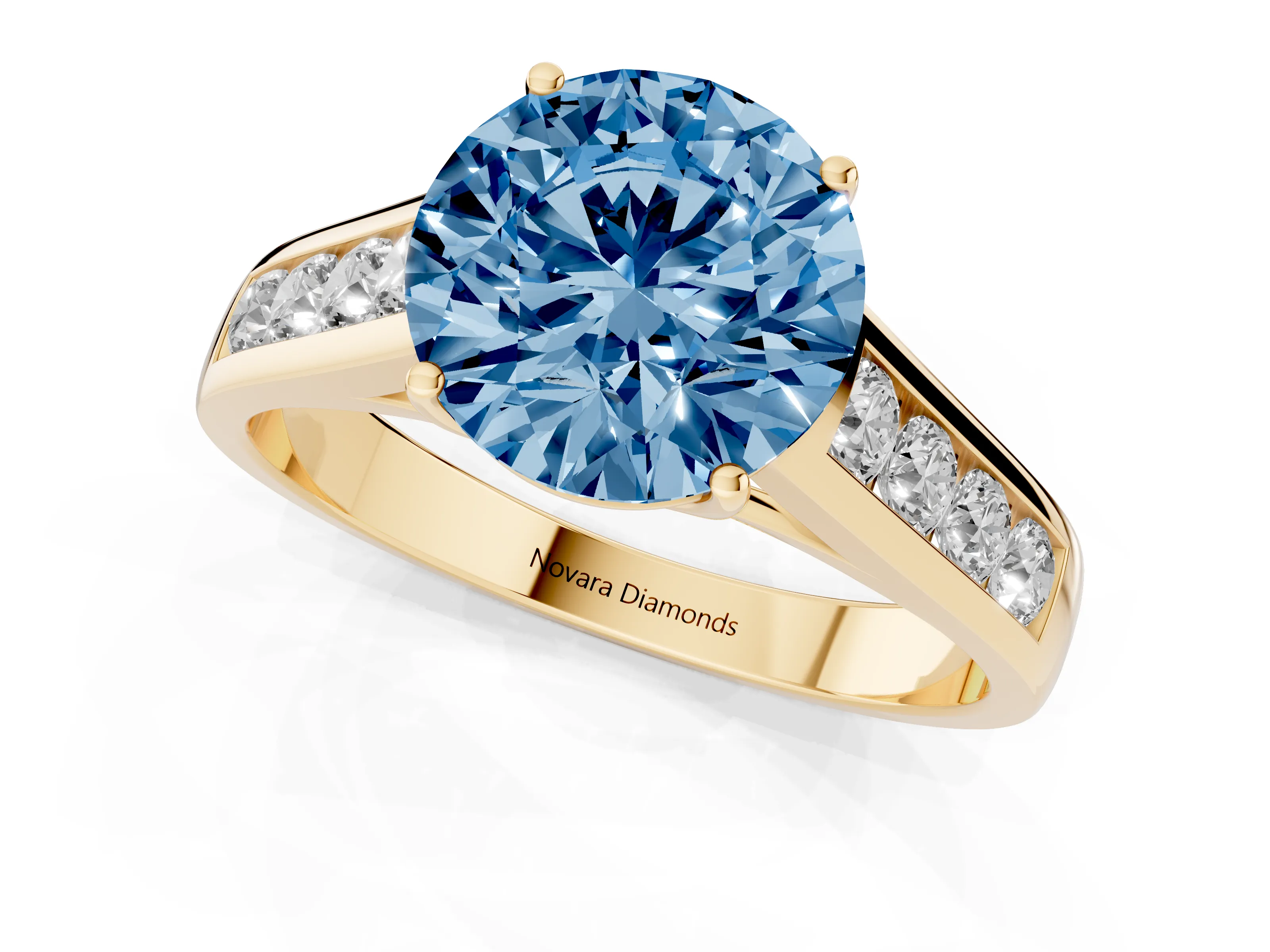 Fancy Blue Round Cut Diamond Solitaire Channel-Set Engagement Ring Set in Yellow gold with Prong Setting