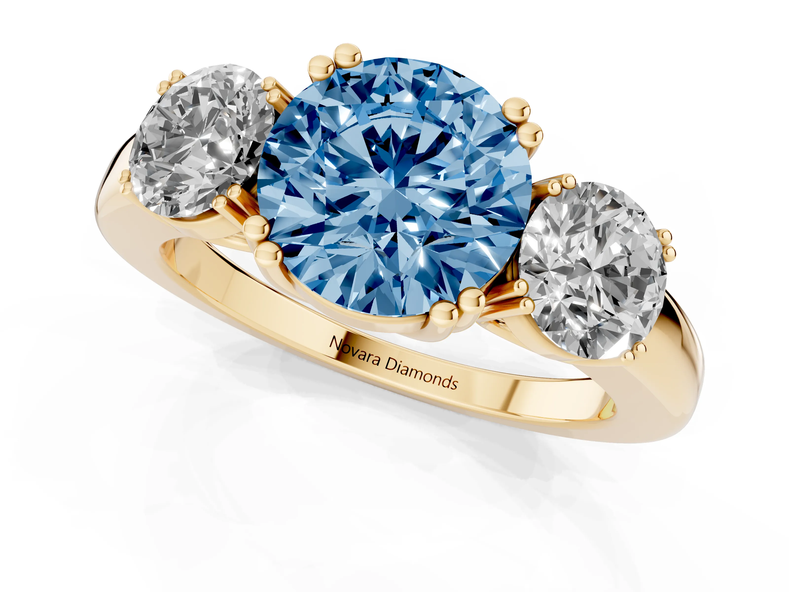 Fancy Blue Round Cut Diamond Three-Stone Ring Set in Yellow gold with Polished Channel-Set Band