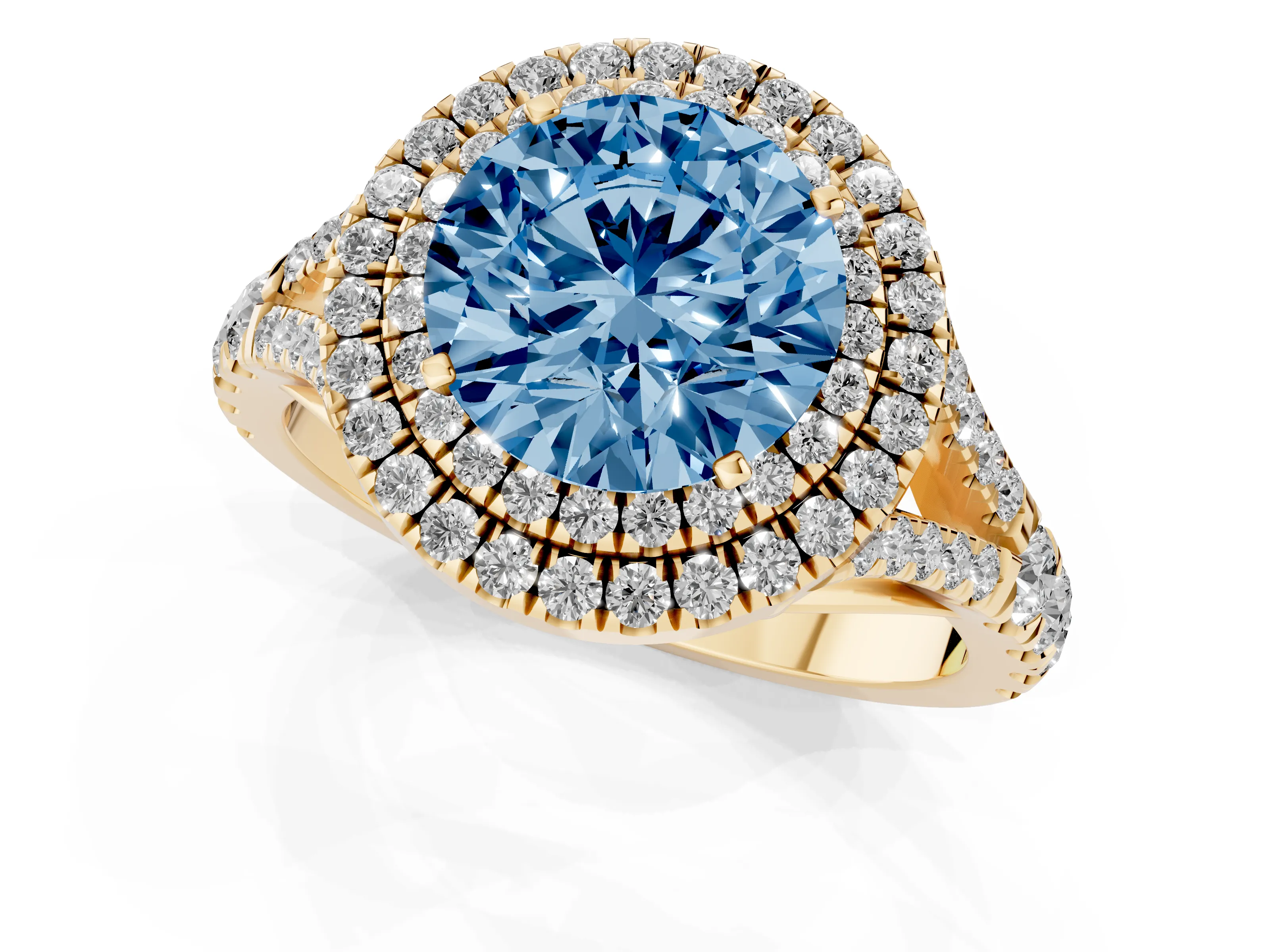 Fancy Blue Round Cut Diamond Pavé Split Shank Double Halo Engagement Ring Set in Yellow gold