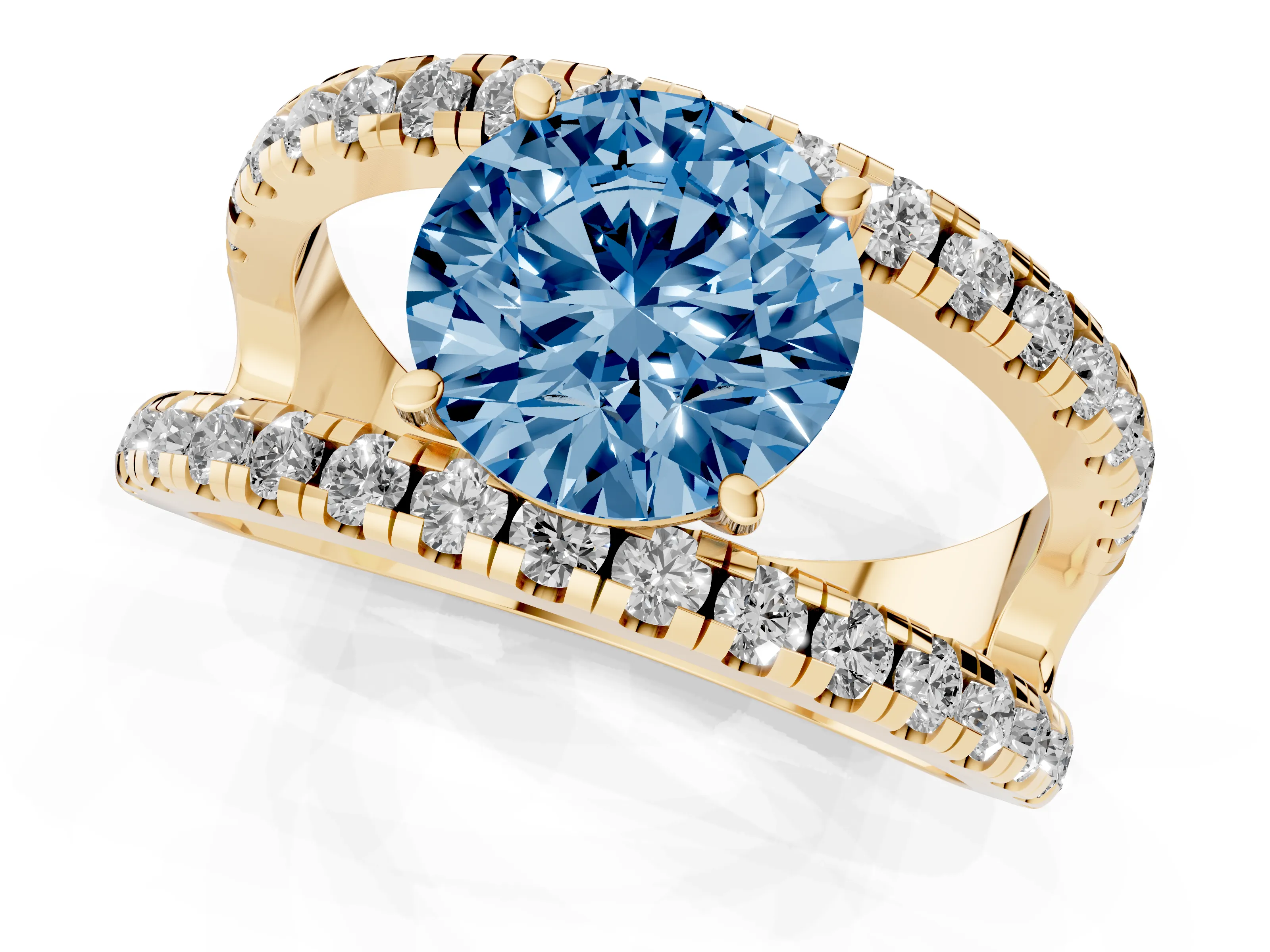 Fancy Blue Round Cut Diamond Split Shank Pavé Solitaire Ring Set in Yellow gold with Open Shank Design