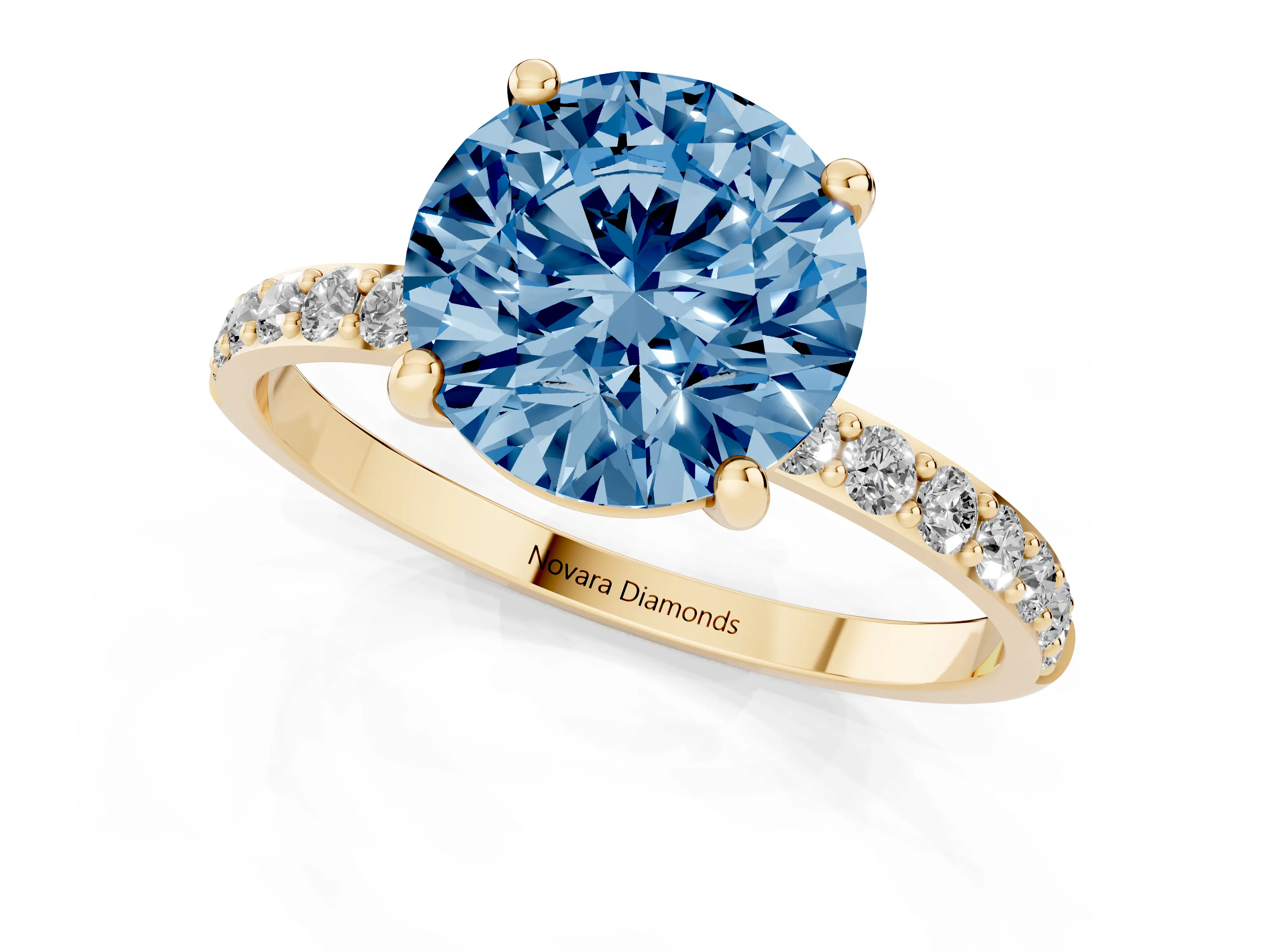 Fancy Blue Round Cut Diamond Solitaire Ring Set in Yellow gold with Round Pavé Band and Prong Setting