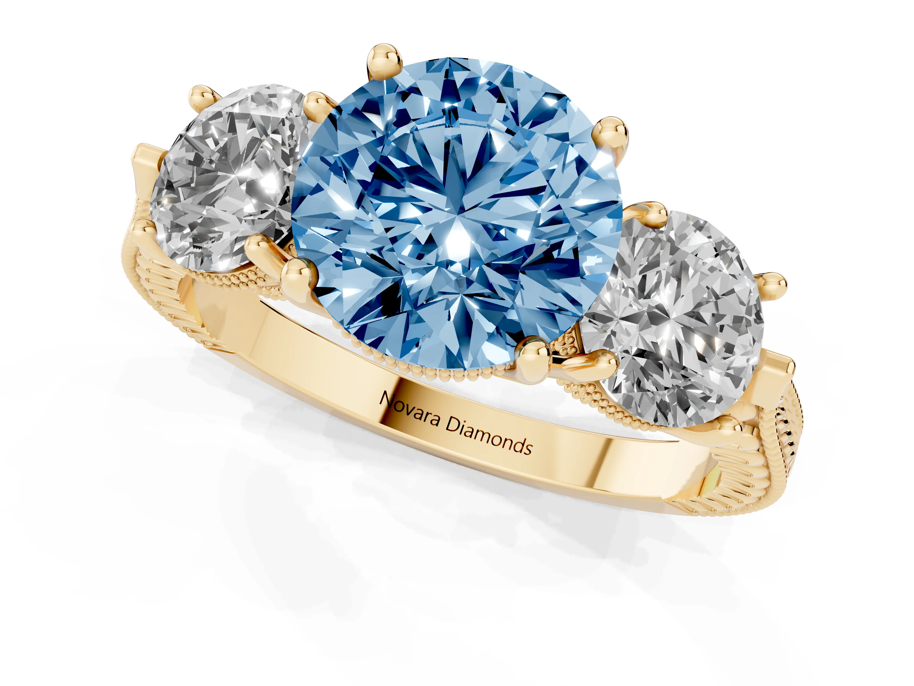 Fancy Blue Round Cut Diamond Three-Stone Ring Set in Yellow gold with Milgrain Band