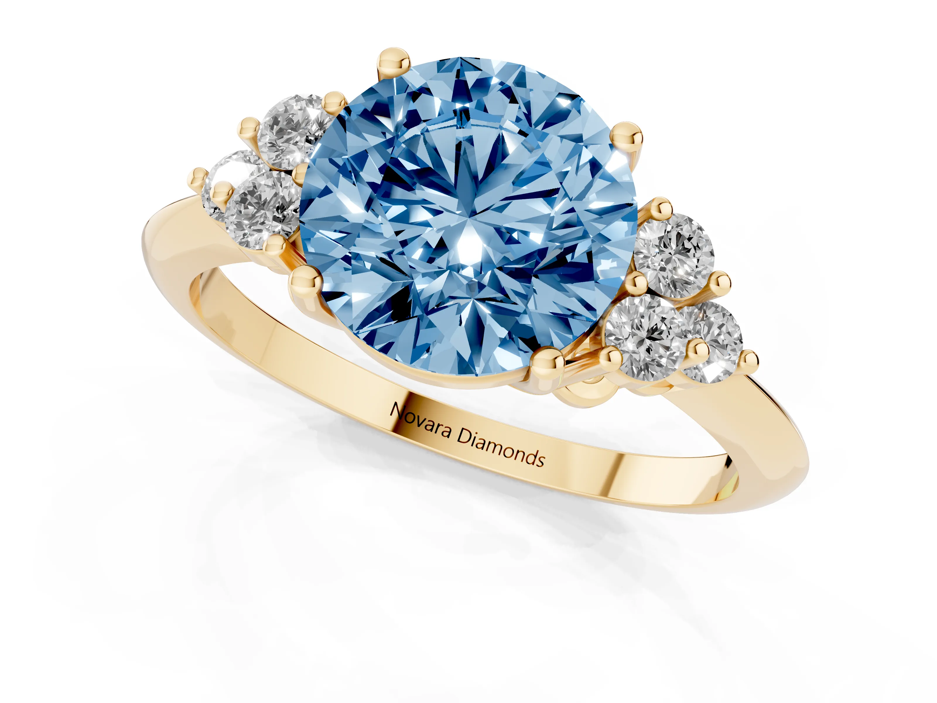 Fancy Blue Round Cut Diamond Cluster Ring Set in Yellow gold with Plain Band and Prong Setting