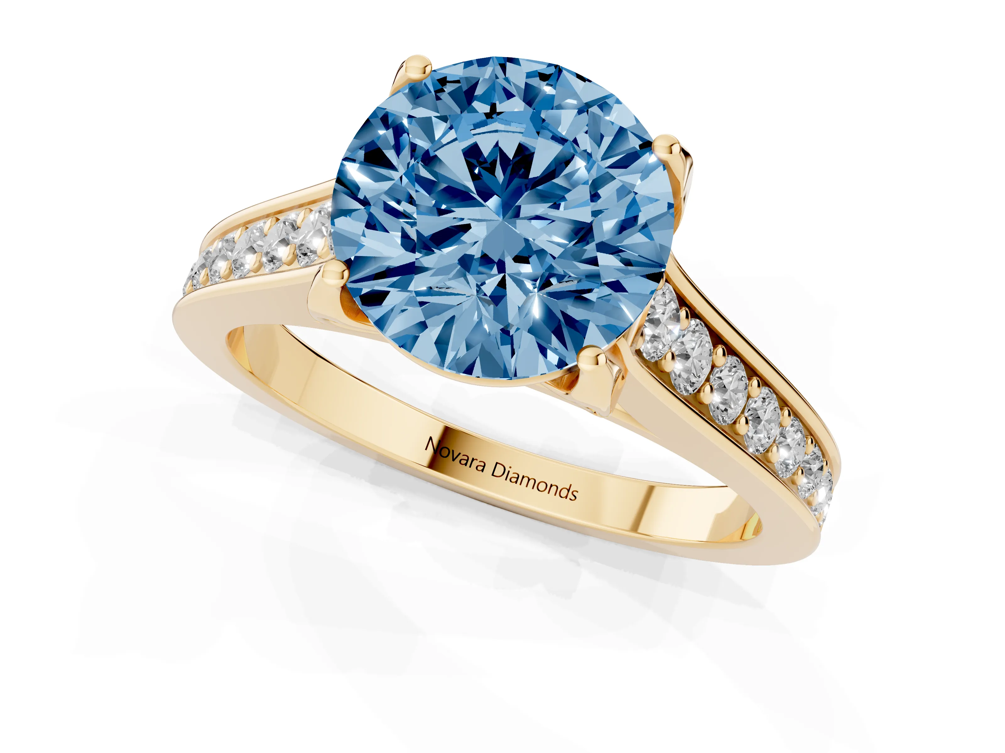Fancy Blue Round Cut Diamond Solitaire Pavé Engagement Ring Set in Yellow gold with Prong Setting