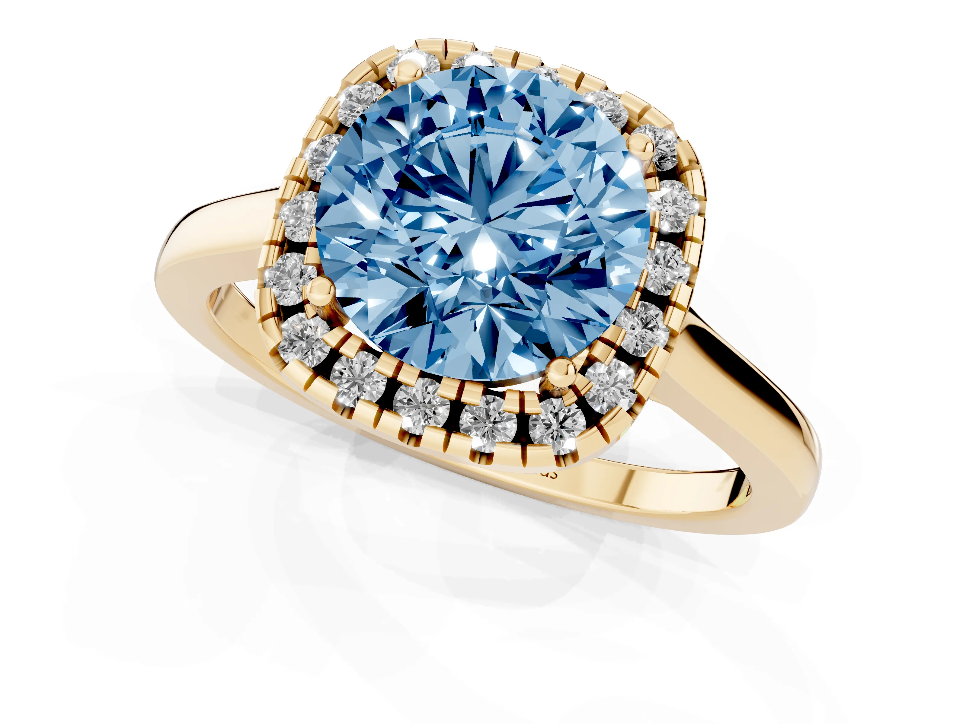 Fancy Blue Round Cut Halo Round Diamond Solitaire Ring Set in Yellow gold with Pavé Band and Prong Setting