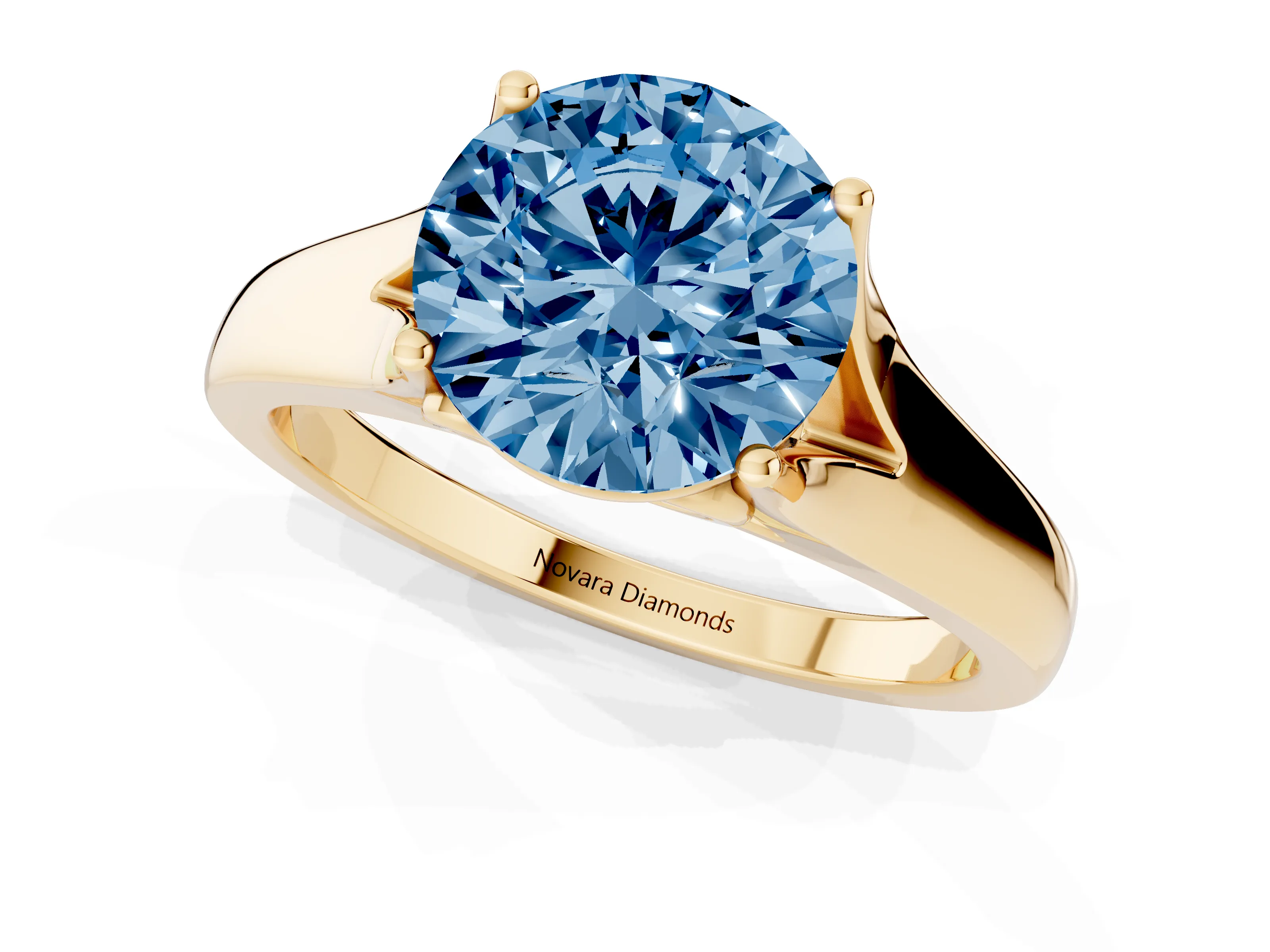 Fancy Blue Round Cut Diamond Solitaire Ring Set in Yellow gold with Arched Cathedral Band and Prong Setting