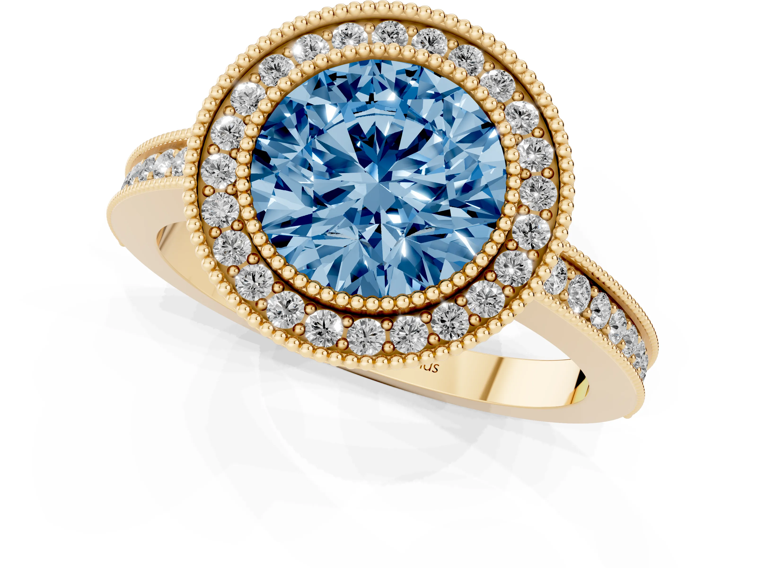 Fancy Blue Round Cut Diamond Halo Ring Set in Yellow gold with Pavé Band and Milgrain-Edged Prongs