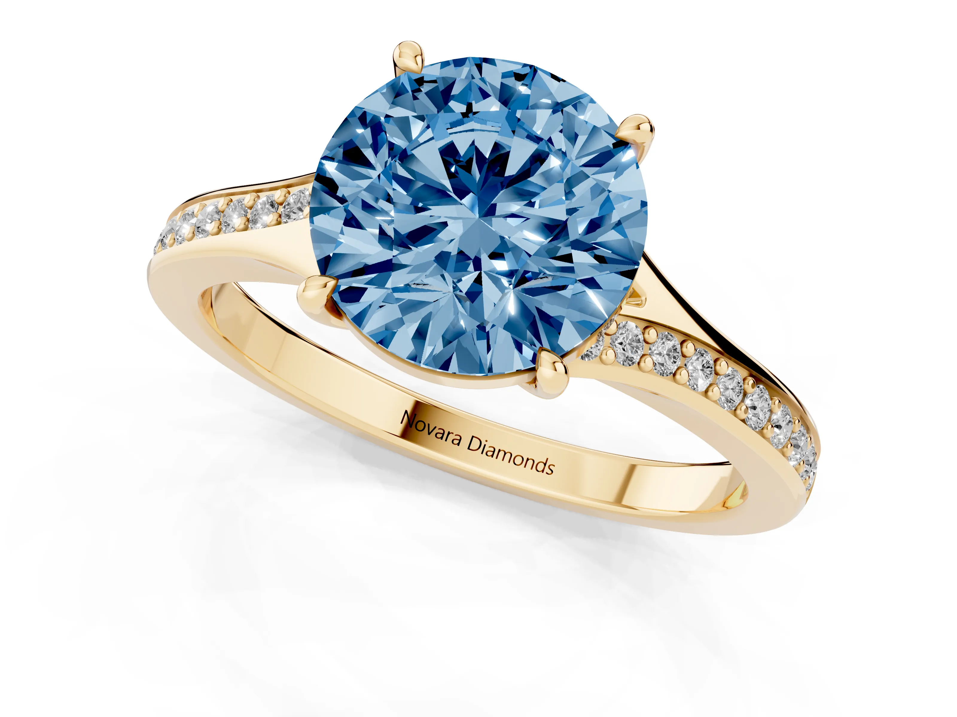 Fancy Blue Round Cut Diamond Solitaire Ring Set in Yellow gold with Pavé Accent Band and Classic Prong Setting