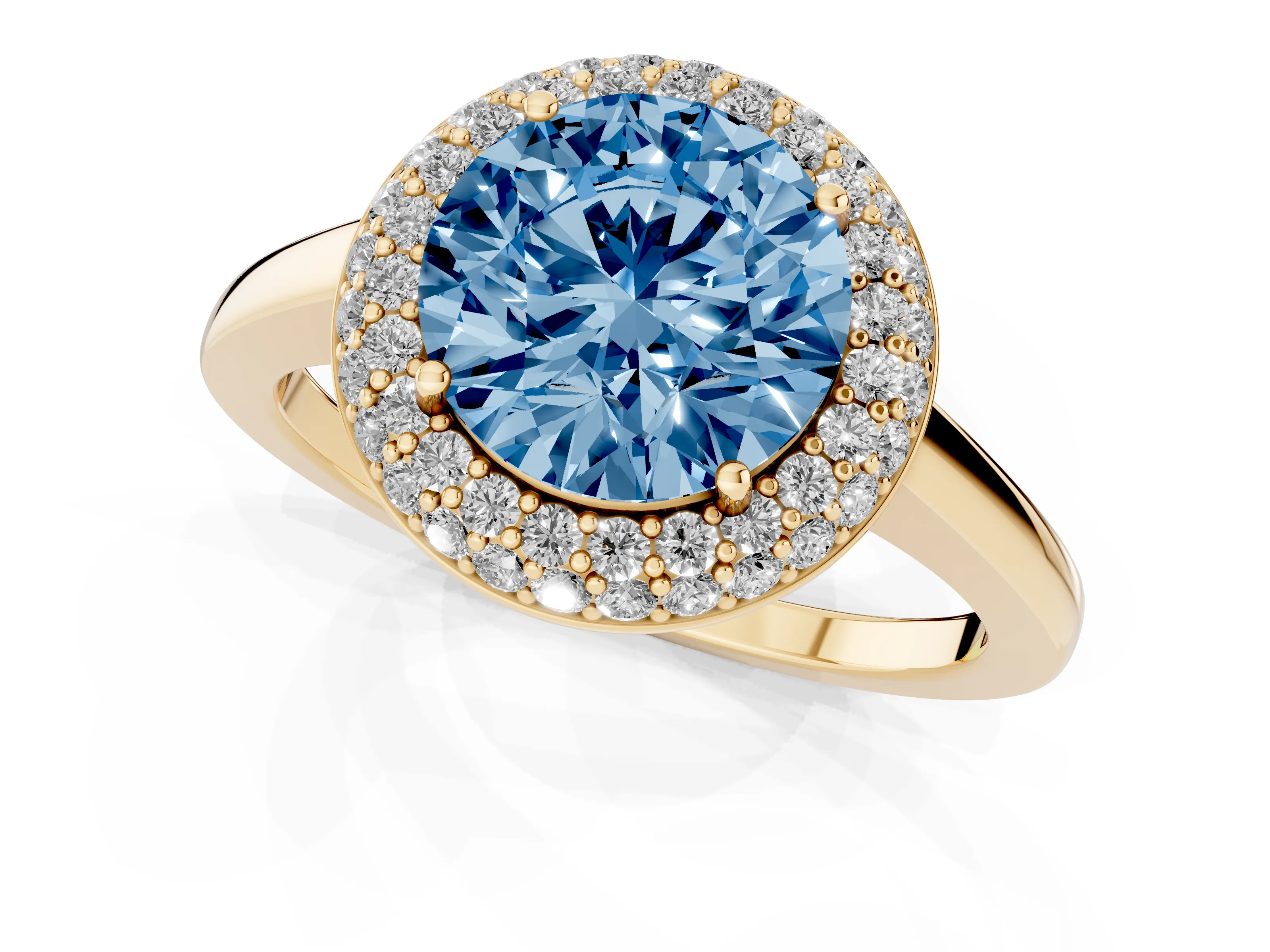 Fancy Blue Round Cut Diamond Halo Engagement Ring Set in Yellow gold with Solitaire Band and Prong Setting
