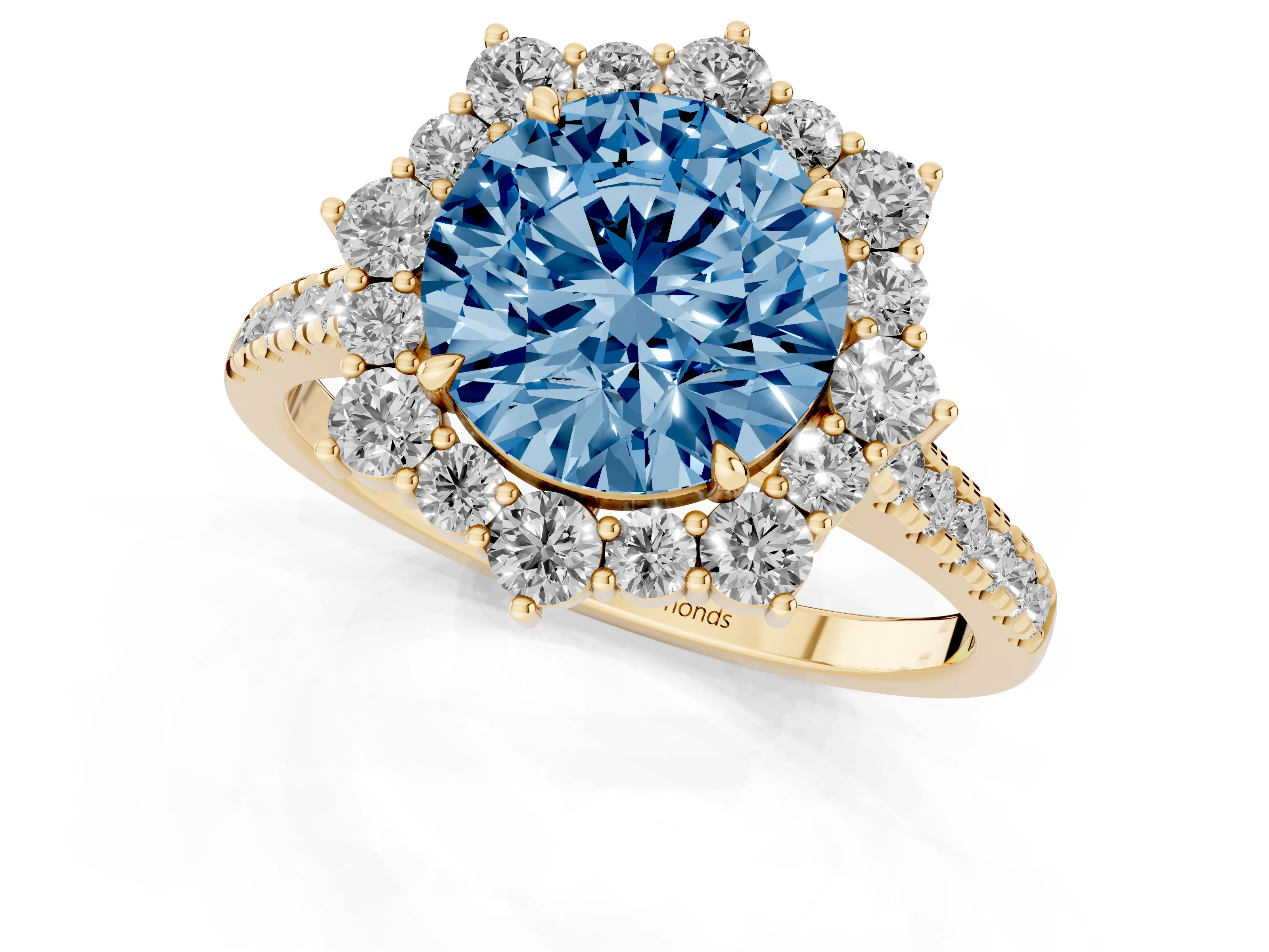 Fancy Blue Round Cut Diamond Halo Ring Set in Yellow gold with Pavé Band and Prong Setting
