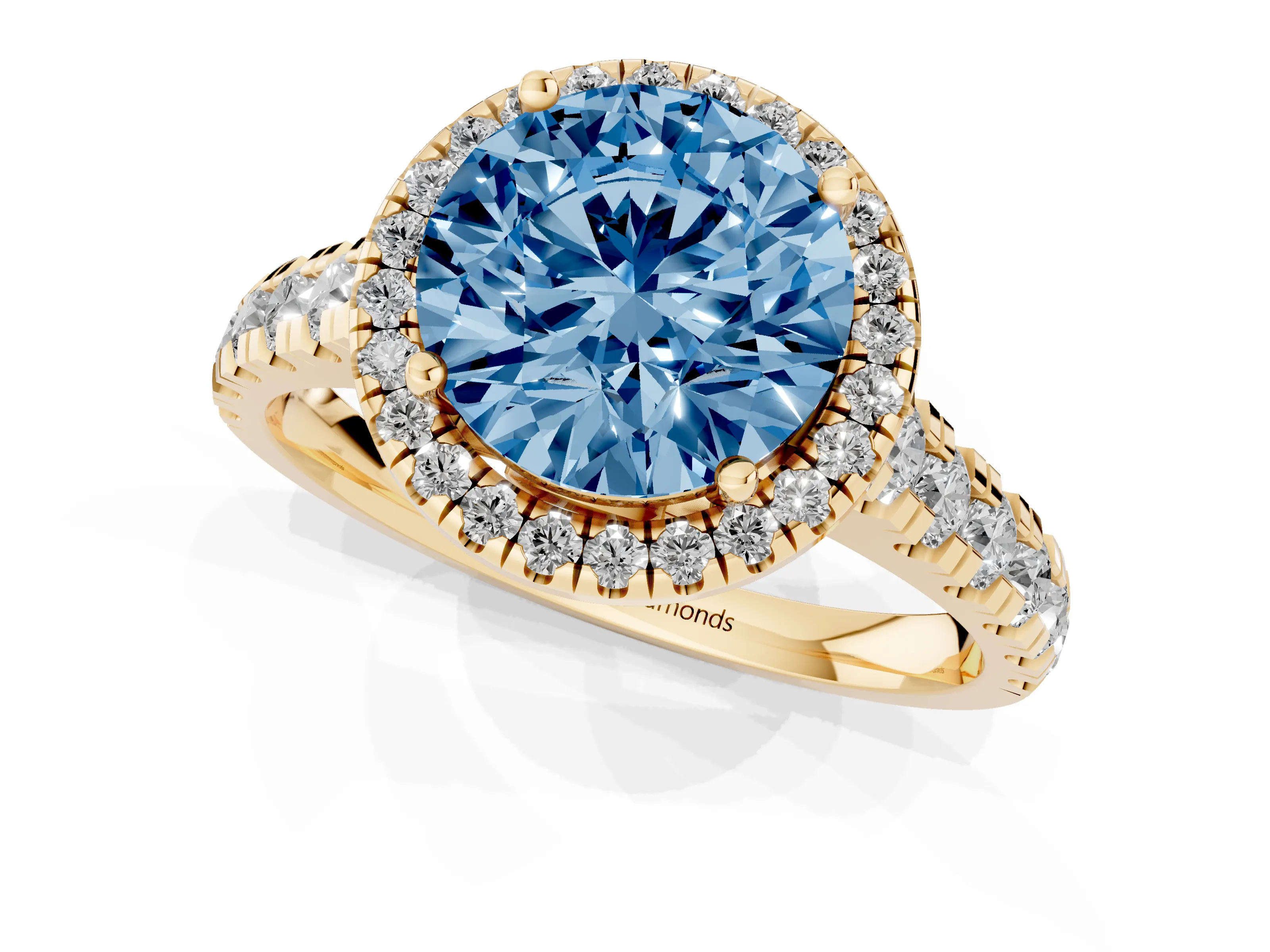 Fancy Blue Round Cut Diamond Halo Engagement Ring Set in Yellow gold with Pavé Band and Prong-Set Center