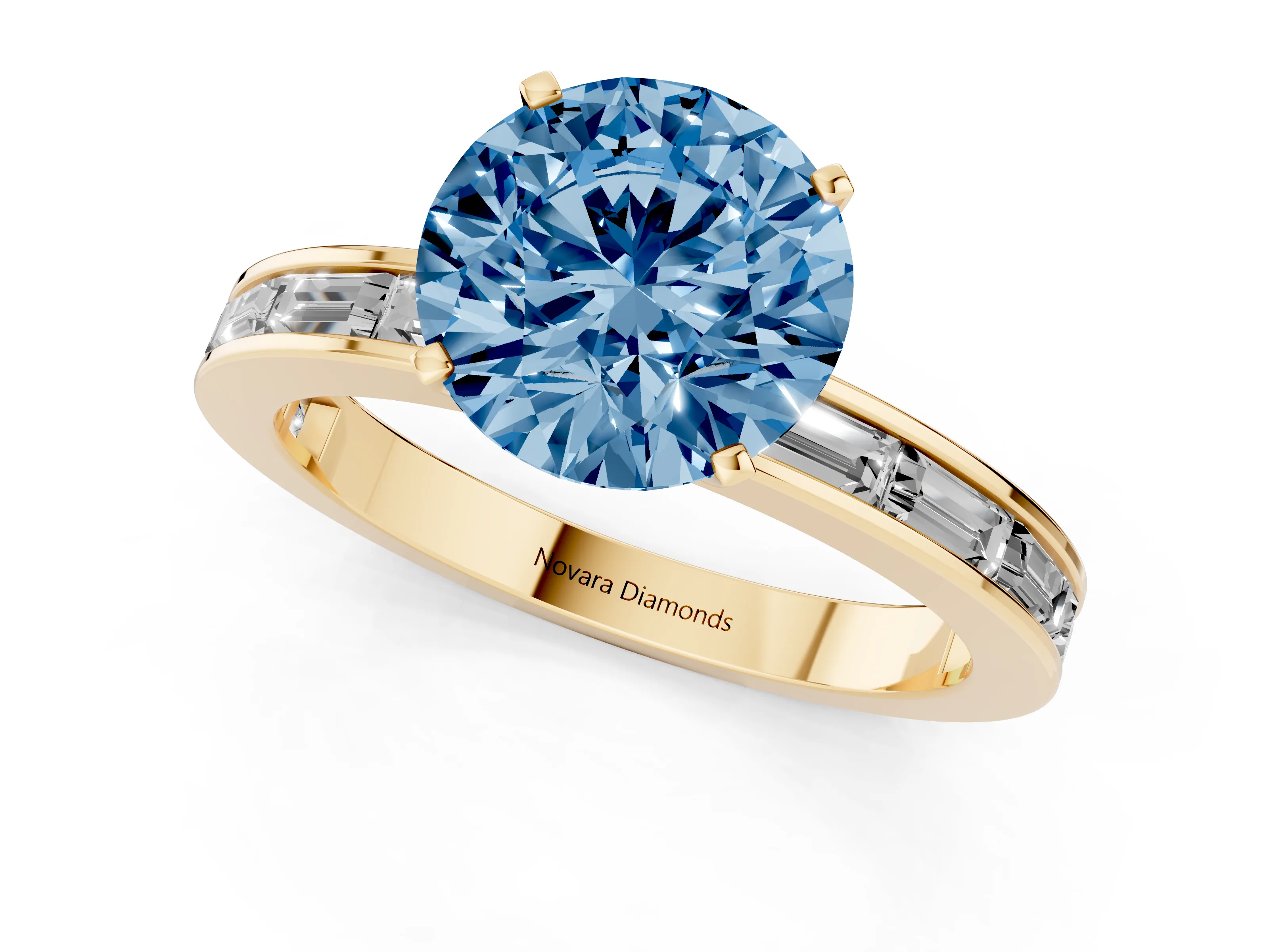 Fancy Blue Round Cut Diamond Solitaire Ring Set in Yellow gold with Channel-Set Baguette Band and Prong Setting