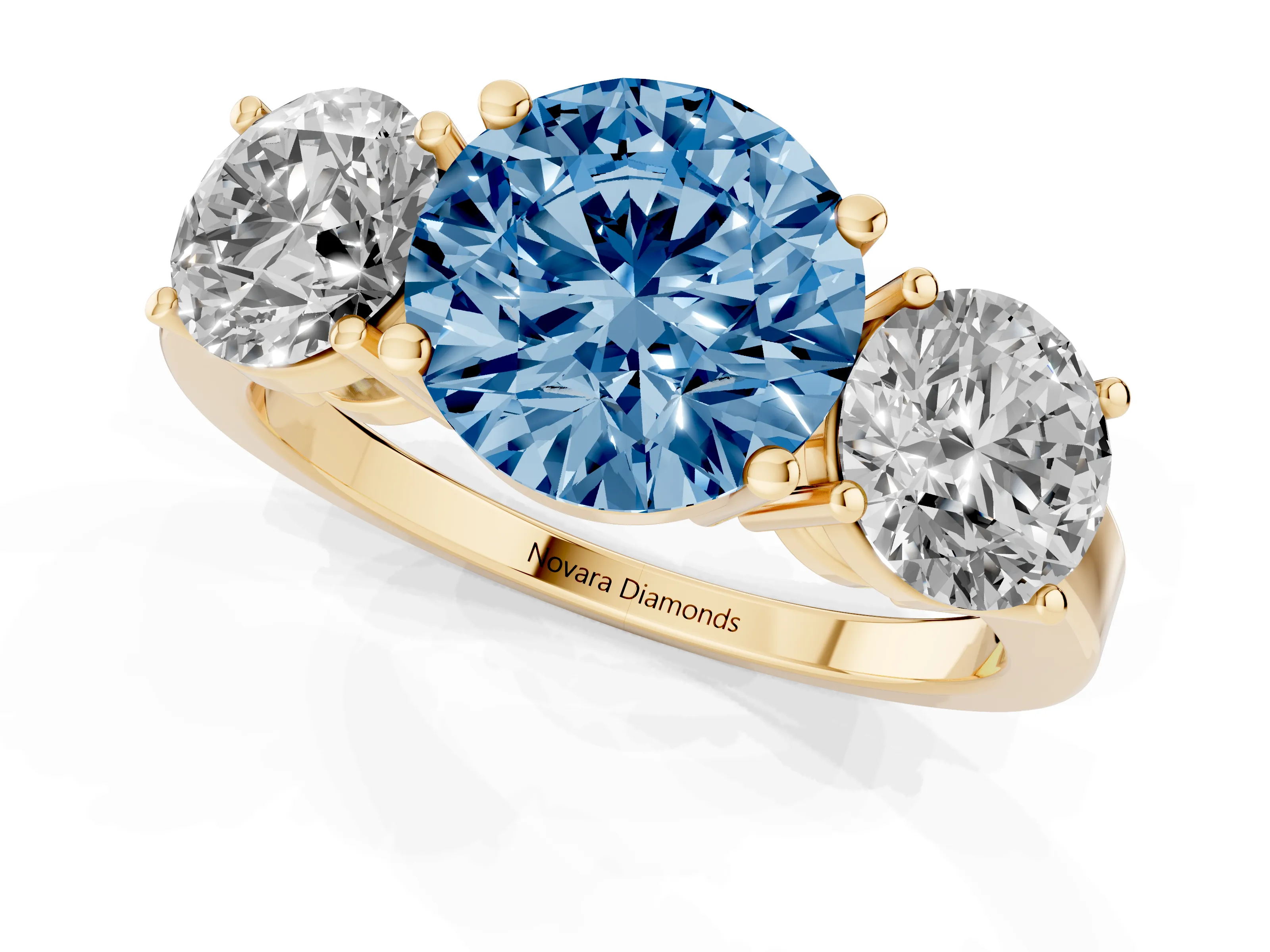 Fancy Blue Round Cut Diamond Three-Stone Engagement Ring Set in Yellow gold with Flat Band